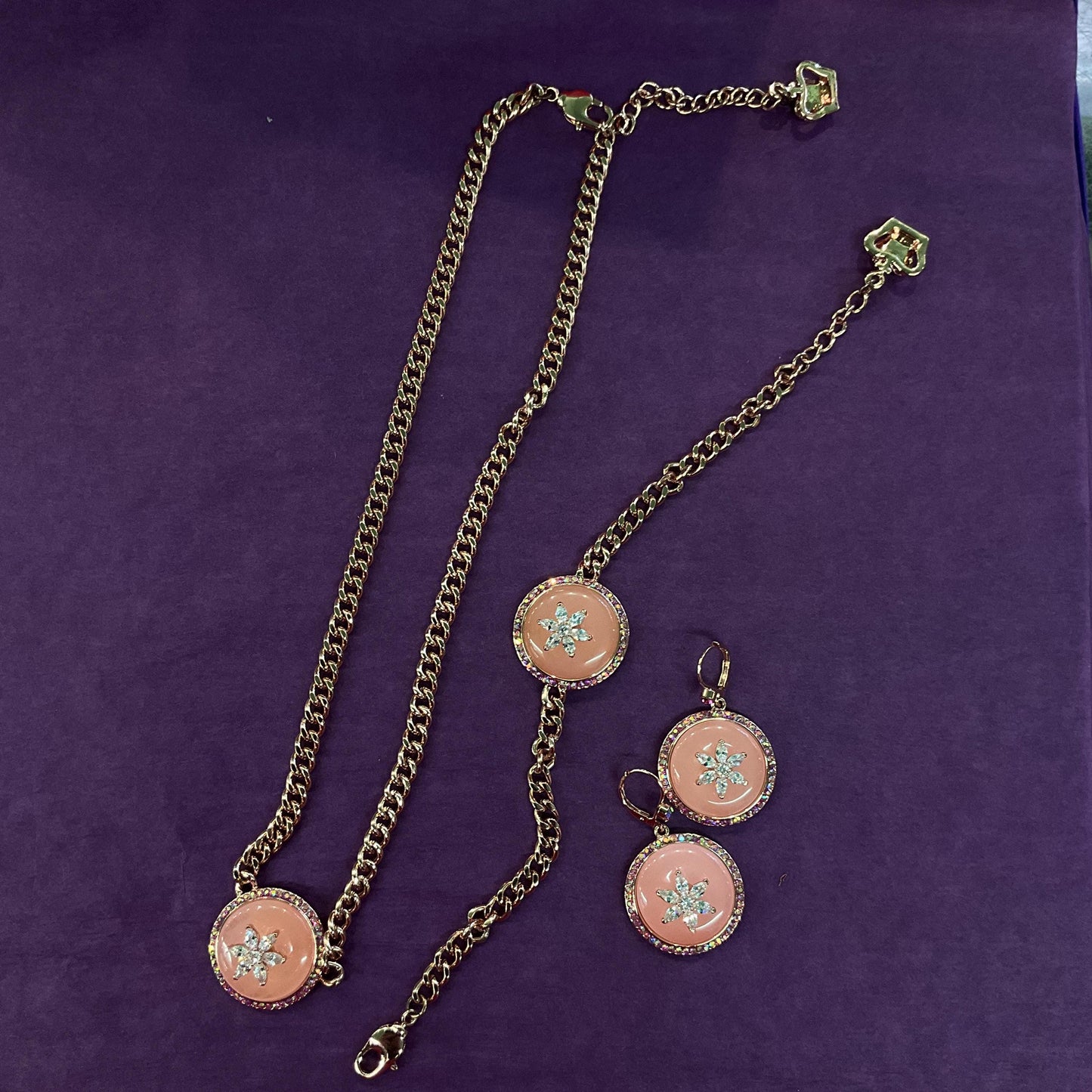Vintage Butler and Wilson Rose Gold Tone Pink Donut Crystal Drop Earrings, silver crystal flower and rainbow rhinestones