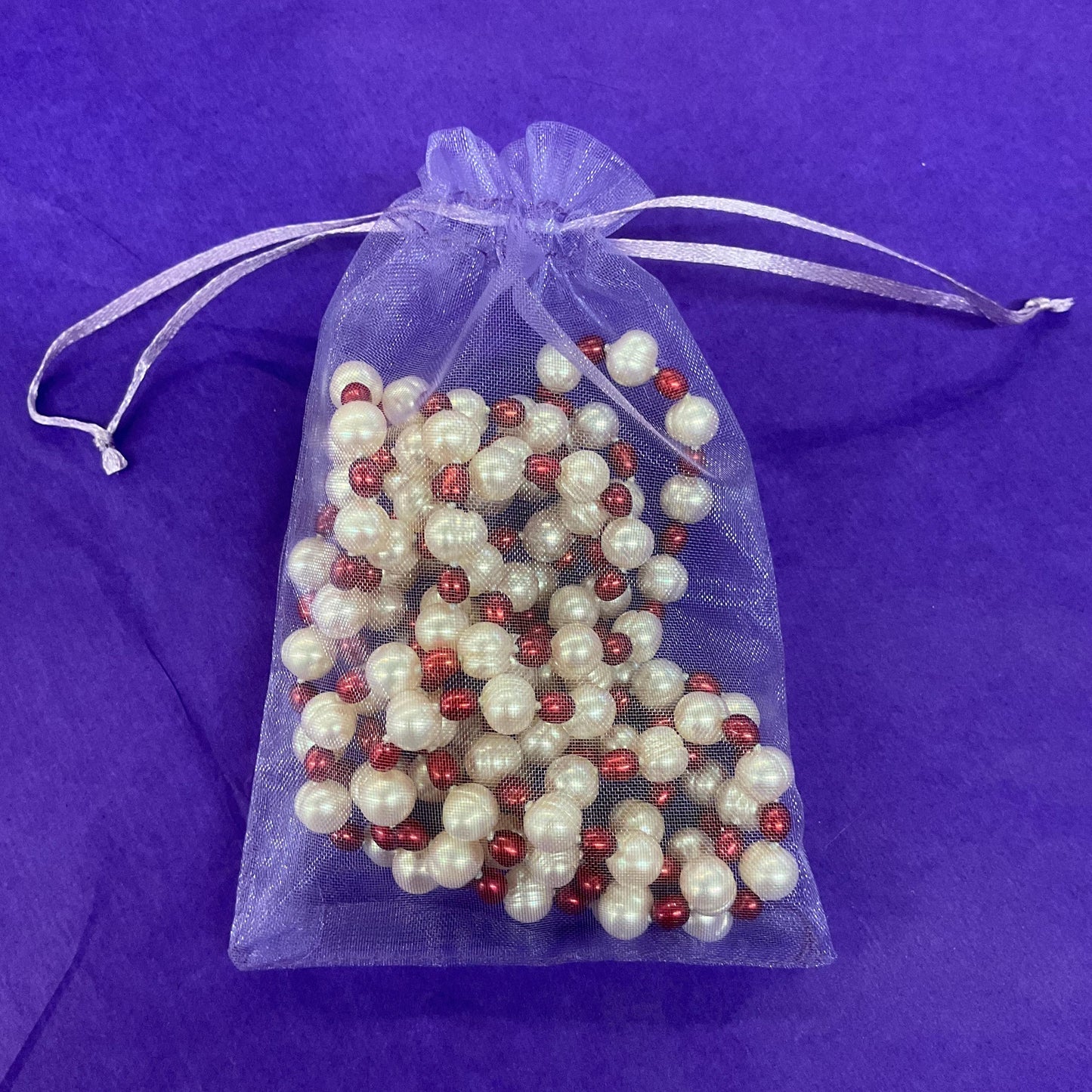 Vintage Flapper Length Fresh Water Pearl Necklace, large Ivory circular pearls and red rice pearls
