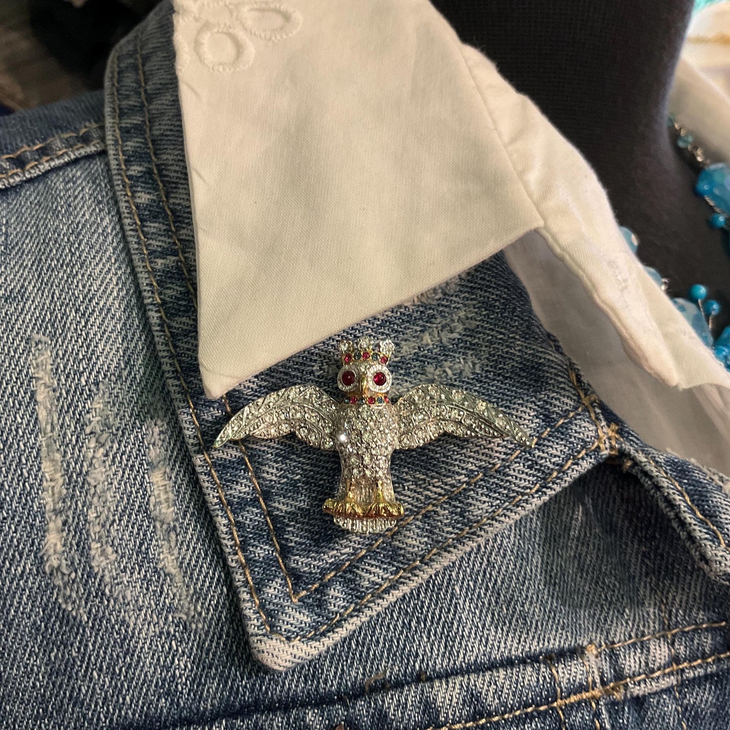 Vintage Butler and Wilson Royal Owl Crystal Brooch, Gold tone with silver and red rhinestones