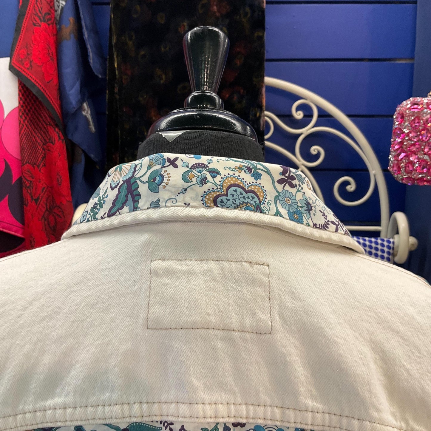 Vintage Up cycled Unique Off White Unworn Denim Jacket with Liberty ‘Mabelle’ Tana Lawn, Original Tags, Size UK 22