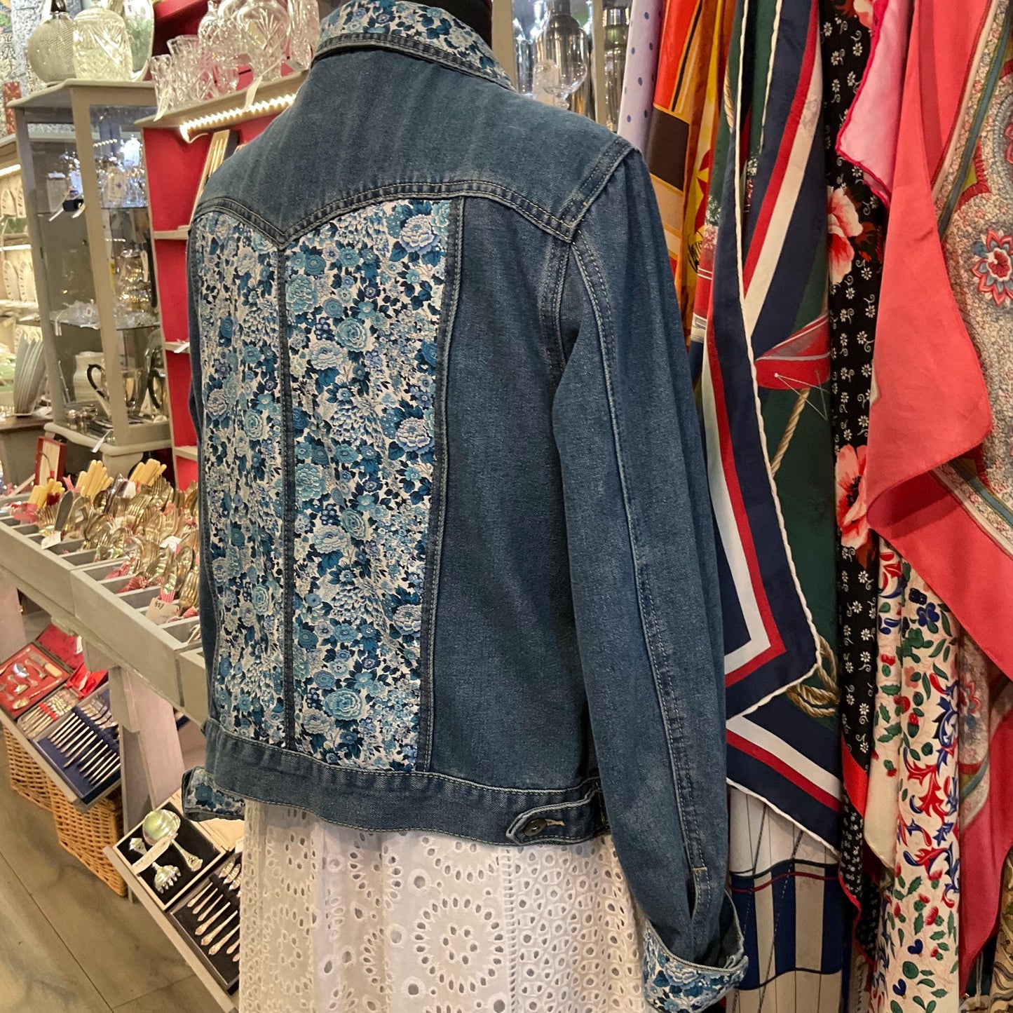 Unique Up Cycled Vintage Mid Blue Denim Jacket with Liberty ‘Elysian Day’ Floral Tana Lawn, Size UK 12/14