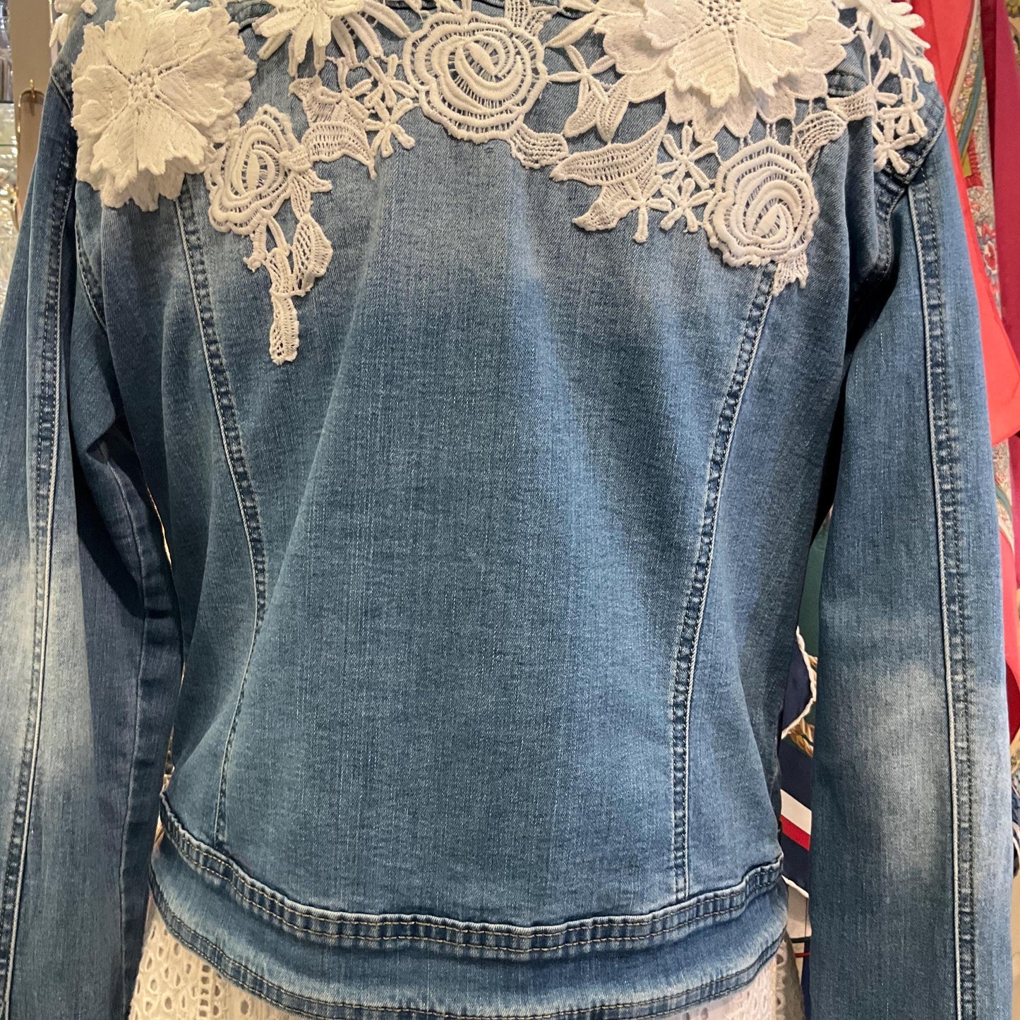 Unique Up Cycled Pre Loved Denim Jacket with Hand Embellished Vintage Guipre Lace , Size UK 12/14