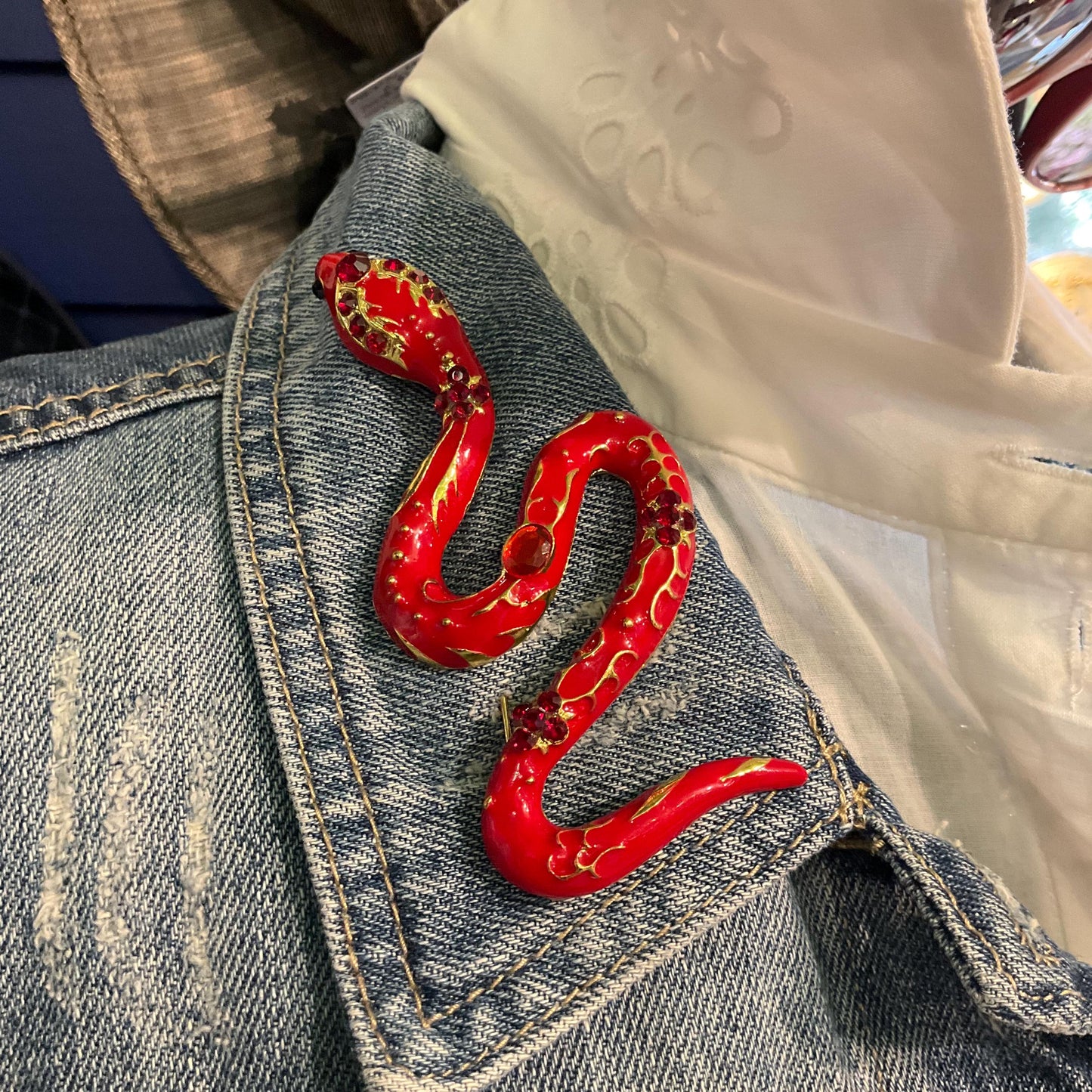 Vintage 1980s Statement Snake Brooch, Gold tone with glossy red enamel and crystals