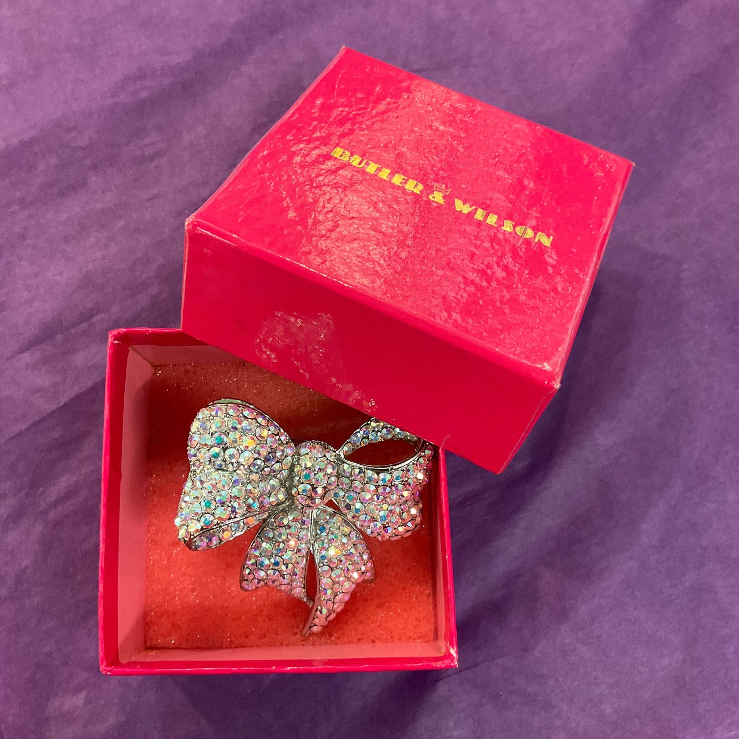 Vintage Butler and Wilson Large Statement Crystal Bow Ring, Silver tone with Aurora Borealis rhinestones, UK Size R, US size 9
