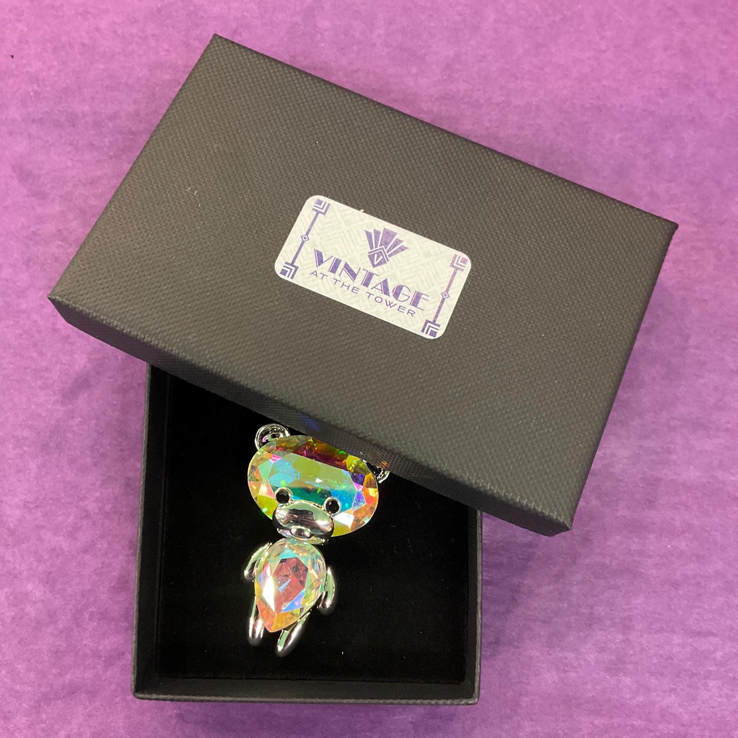 Vintage Butler and Wilson Crystal Teddy Bear Handbag Charm and Keyring, Silver tone with Aurora Borealis Large crystals