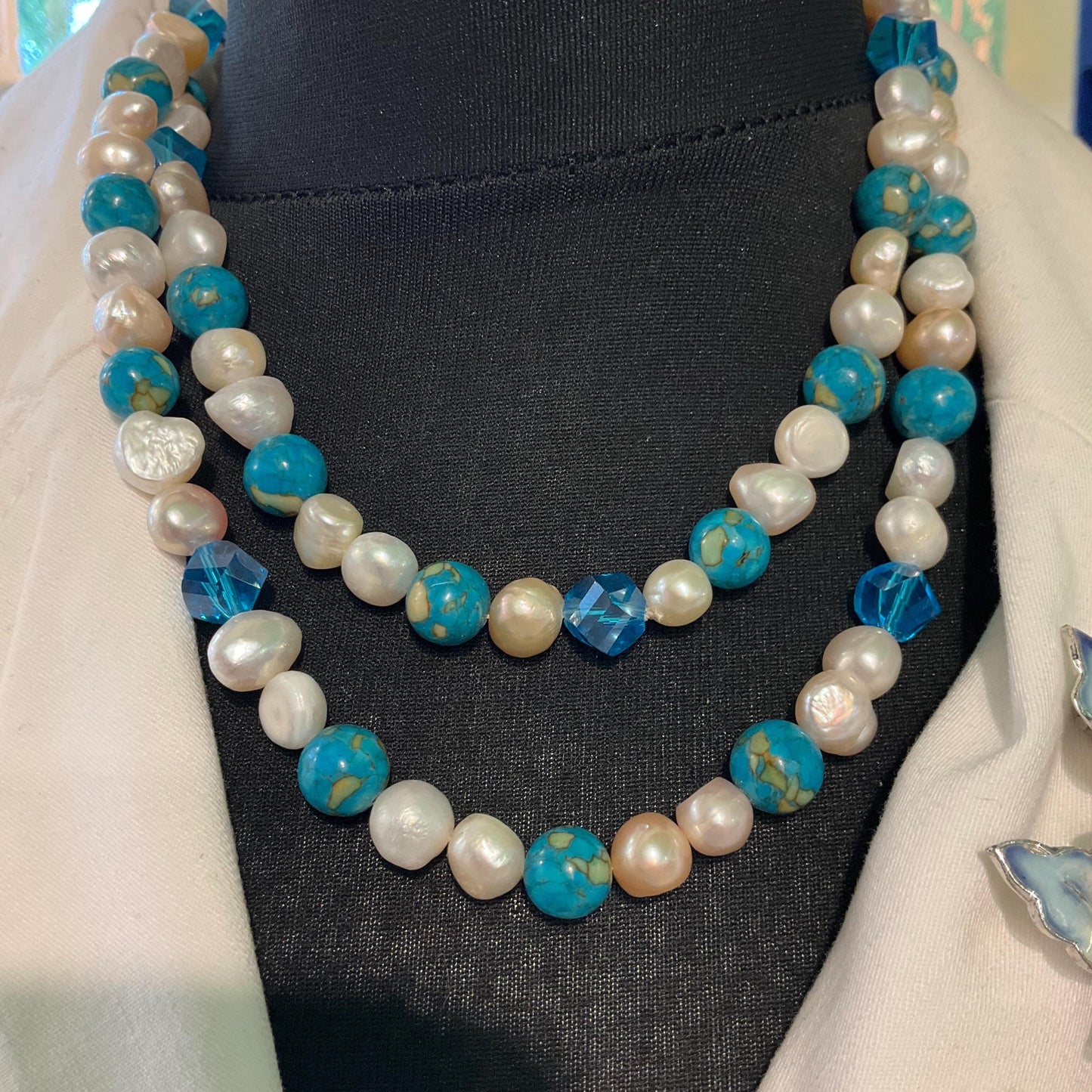 Vintage Ivory Freah Water Pearl and Turquoise Opera Length Beaded Necklace, unworn with original tags
