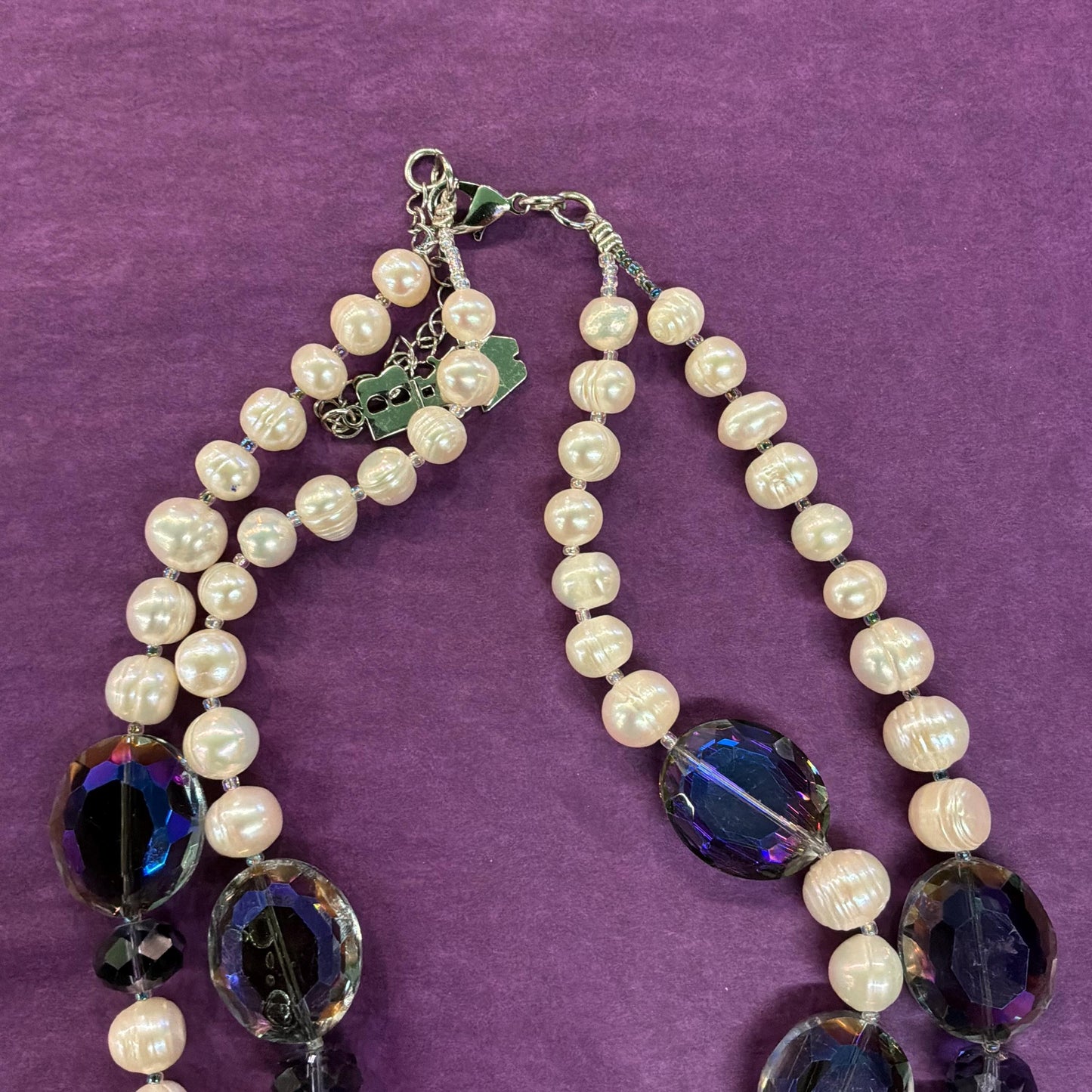 Vintage Butler and Wilson Statement Ivory Fresh Water Pearl and Peacock Aurora Borealis Twin Strand Beaded Necklace