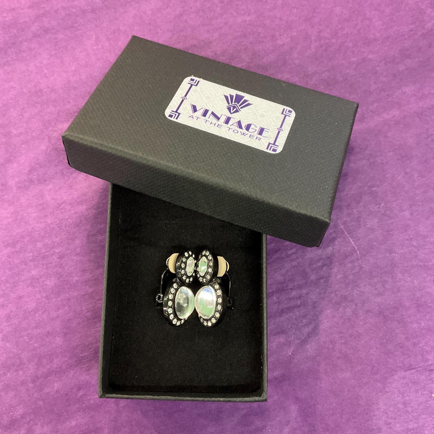 Vintage Butler and Wilson Black and Silver Crystal Clip on Earrings, Silver Domed Crystals and Rhinestones