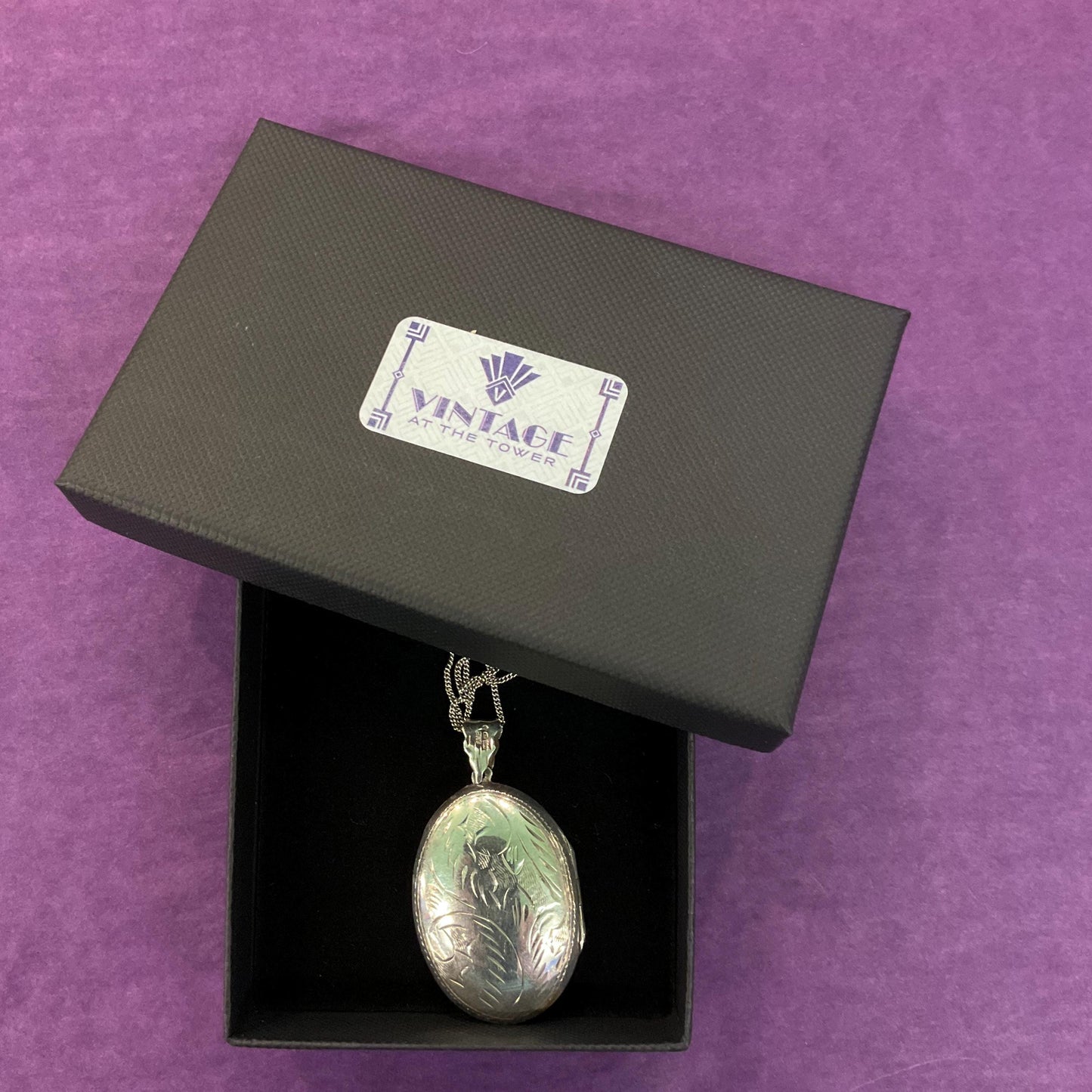 Vintage Large Silver (925) Oval Locket, Foliate Engraving with Silver Chain