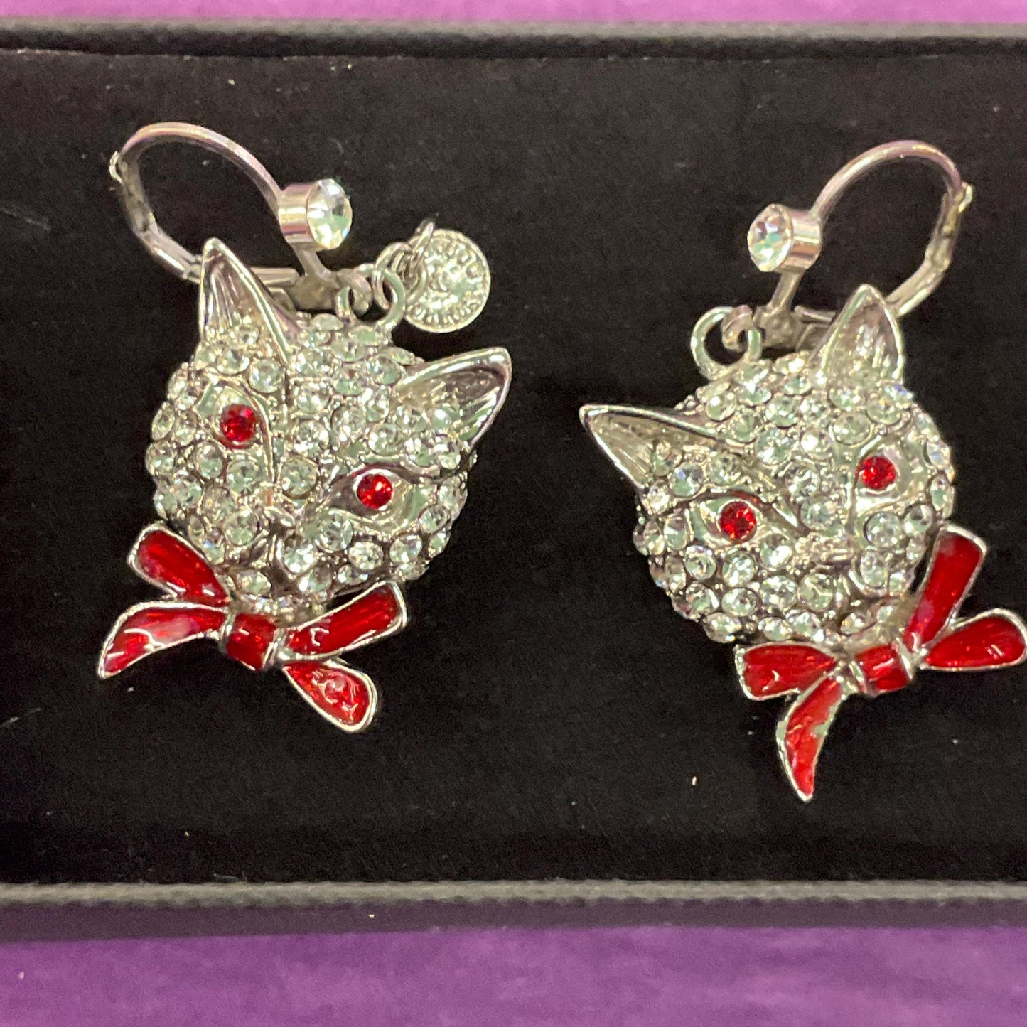 Vintage Butler and Wilson Crystal Cat Drop Earrings, silver tone with silver rhinestones and red enamel, cat lover gift
