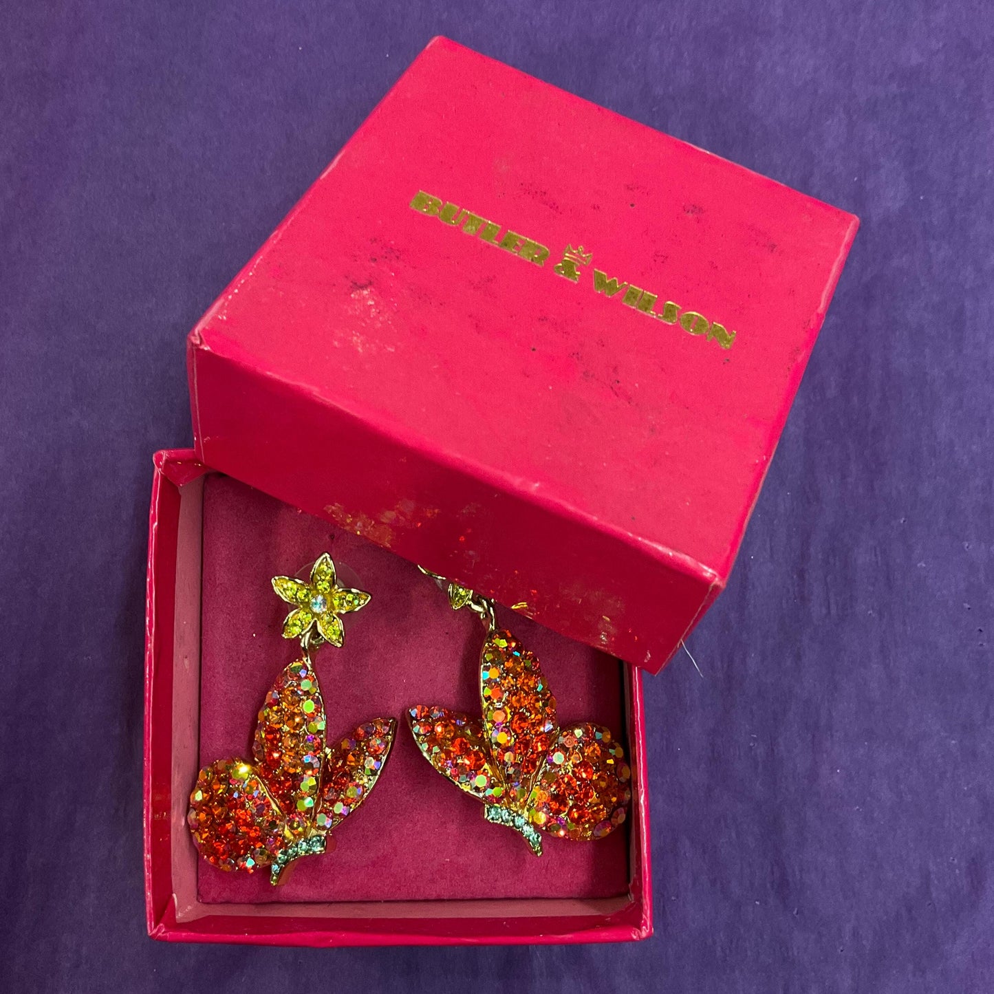 Vintage Butler and Wilson Long Drop Crystal Butterfly Earrings, Gold tone with orange and gold borealis rhinestones