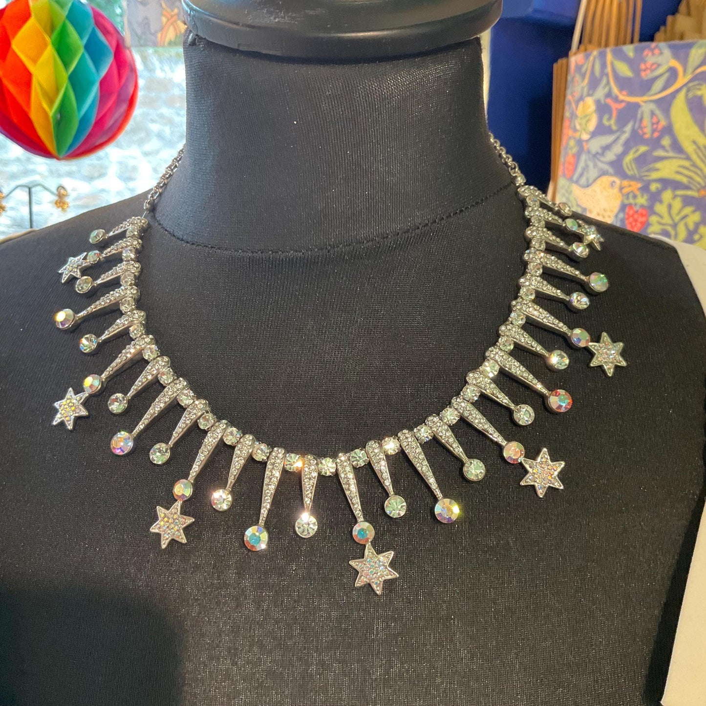 Vintage Butler and Wilson Shooting Stars Statement Crystal Necklace , Silver tone with faceted silver and Aurora Borealis crystals,