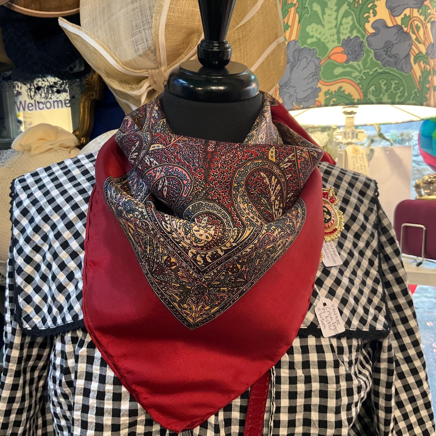 Vintage Liberty Pure Silk Paisley Scarf, intricate print in shades of red, gold and blue, Hand rolled, Sustainable gift