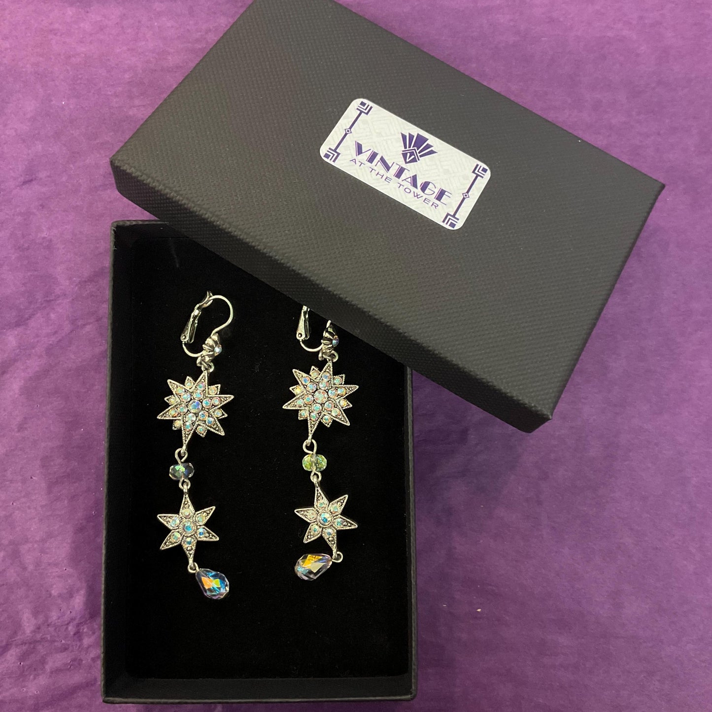 Vintage Kirk’s Folly Long Drop star crystal earrings, silver tone with Aurora Borealis crystals and rhinestones, sustainable gift