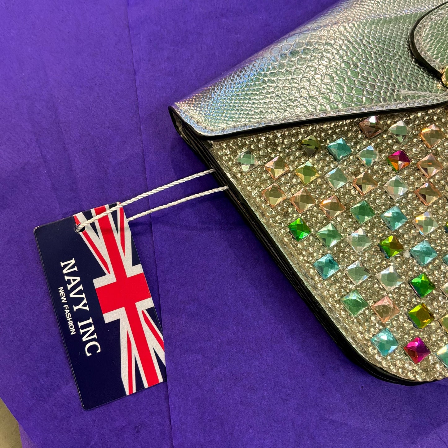Vintage Crystal Faux Leather Clutch/ Shoulder Bag, silver with multicoloured crystals , unused with original tags