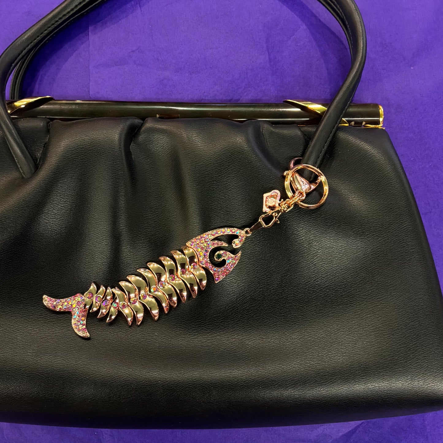 Vintage Butler and Wilson Rose Gold Crystal Fish Handbag Charm/ Keychain, articulated rose gold tone fish with pink borealis Rhinestones