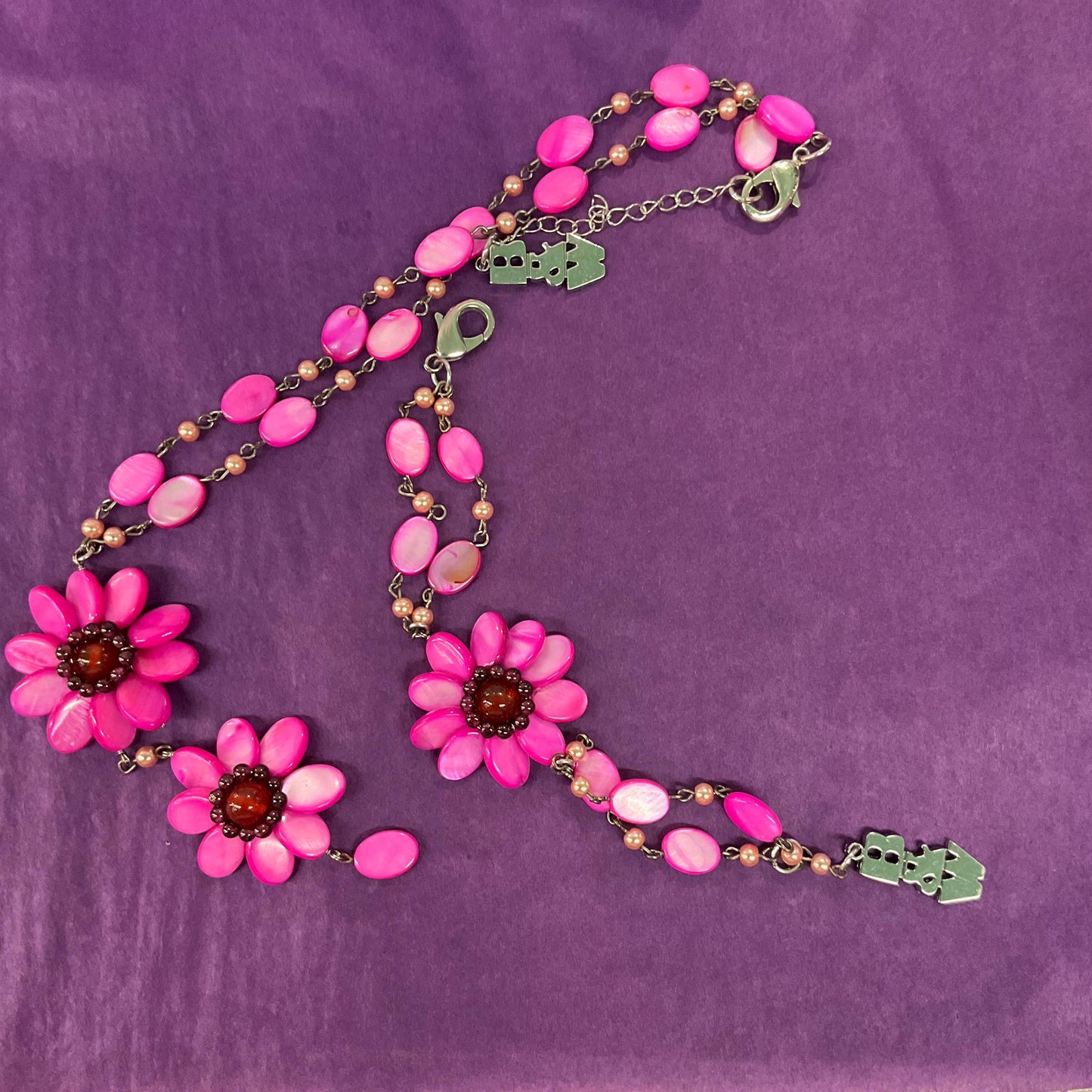 Vintage Butler and Wilson Pink Mother of Pearl Bohemian Flower Y Drop Necklace