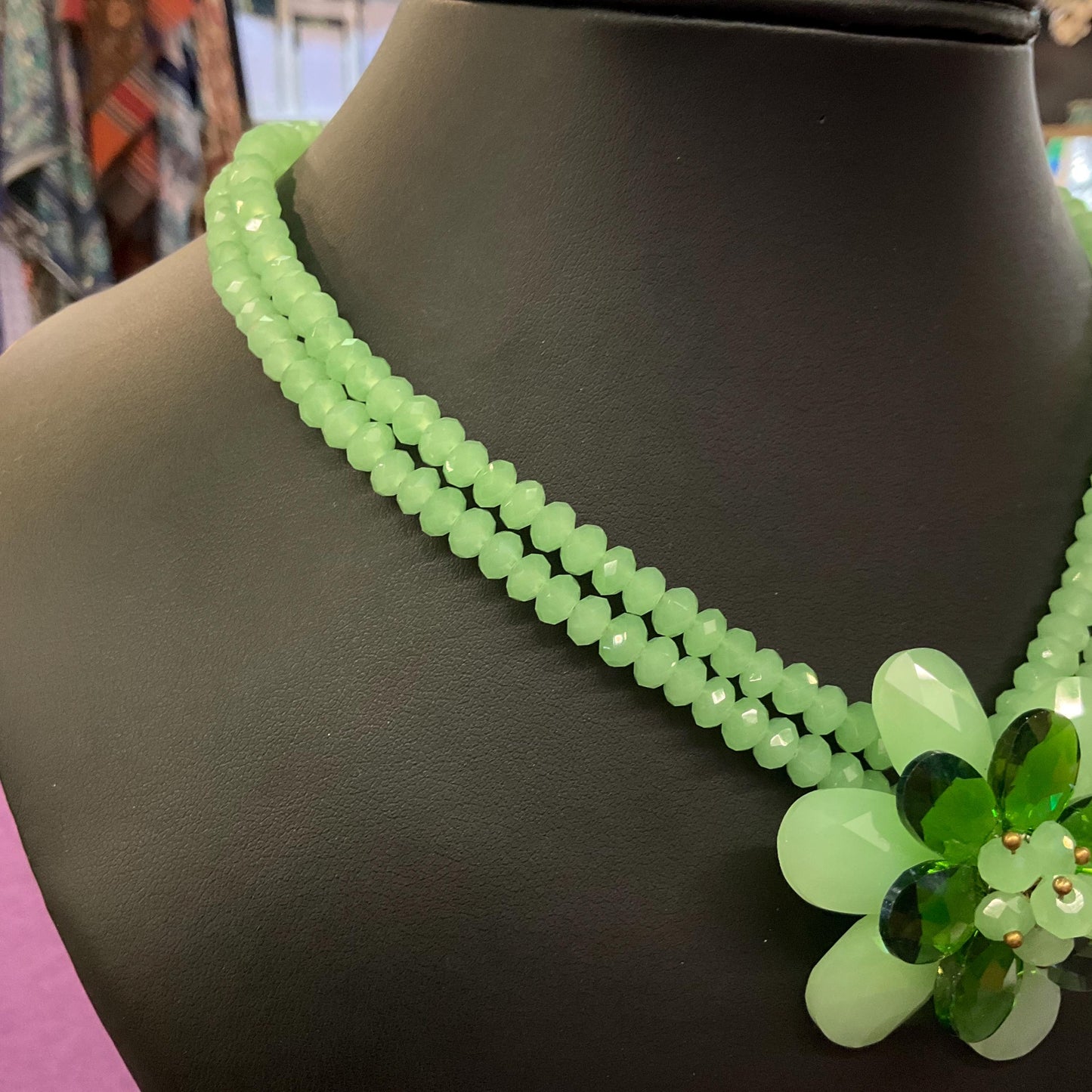 Vintage Butler and Wilson Green Milk Crystal Floral Twin Row Necklace