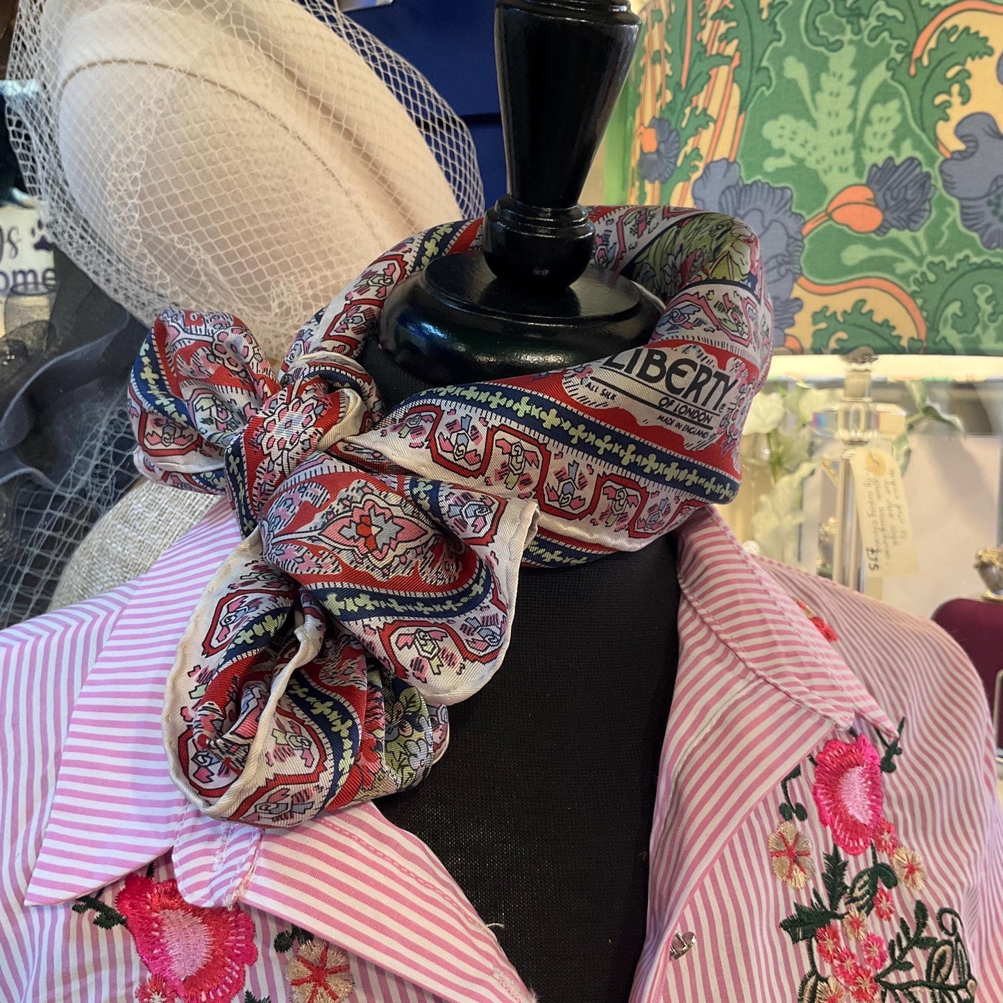 Vintage 1970s/80s Liberty of London Pure Silk Floral scarf, shades of red, green and blue , hand rolled