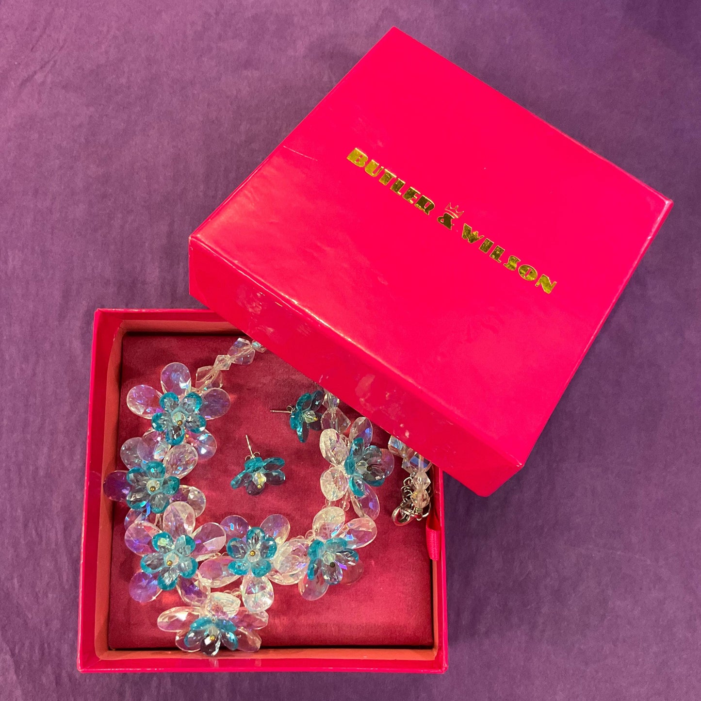 Vintage Butler and Wilson Turquoise Flower Garland Crystal Necklace and Earring Set