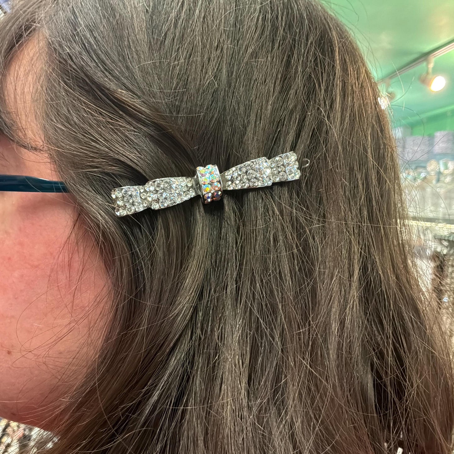 Vintage Butler and Wilson Silver and Aurora Borealis Crystal Bow Hairclip