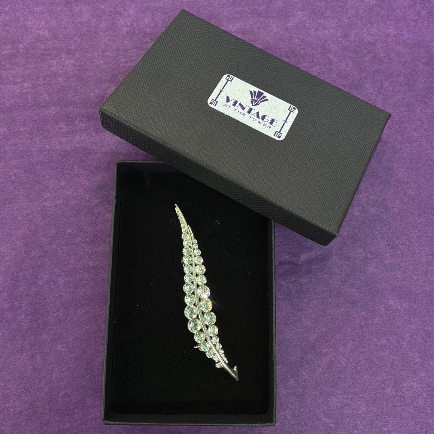 Vintage Midcentury Crystal Leaf Brooch in Silver Tone Metal