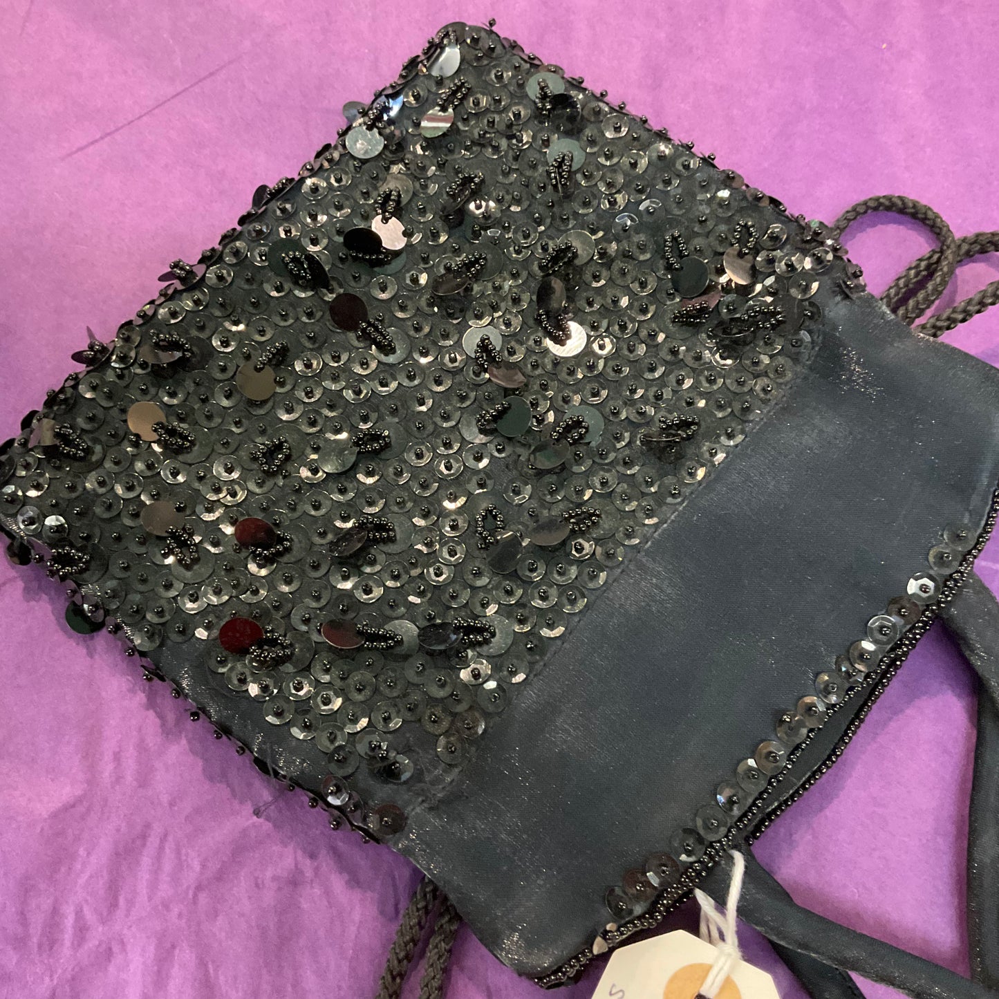Vintage Black Satin Beaded Drawstring Bag By Suzy Smith