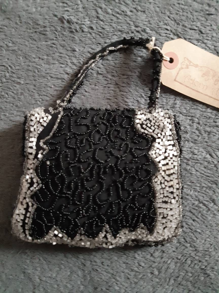 Vintage Black and White Art Deco hand made beaded evening bag
