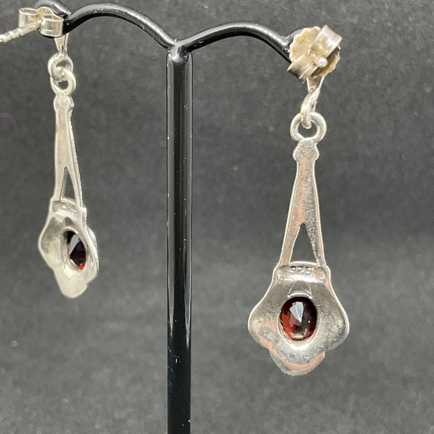 Vintage Art Deco Style Silver & Garnet Drop Earrings