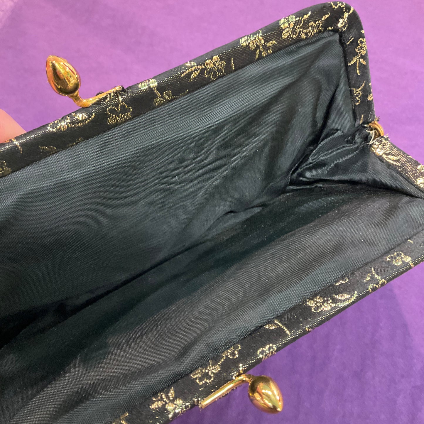 Vintage 1950s Black & Metallic Gold Satin Brocade Floral Evening Clutch Bag , Formal Event , Wedding , Gifts for Her