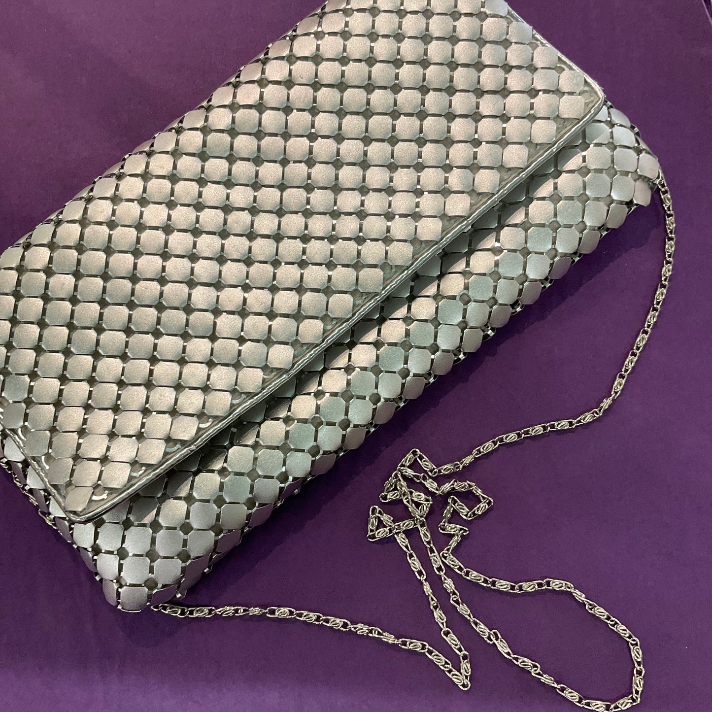 Vintage large silver metallic disc/chainmail clutch or shoulder bag by MARINA GALANTI, ladies night.