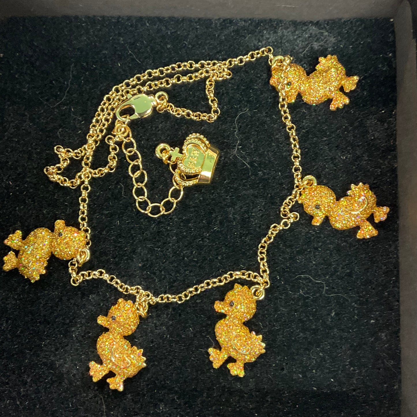 Vintage Butler and Wilson Gold Glitter Rhinestone Duckling Charm Necklace, signed in original box, birthday gift