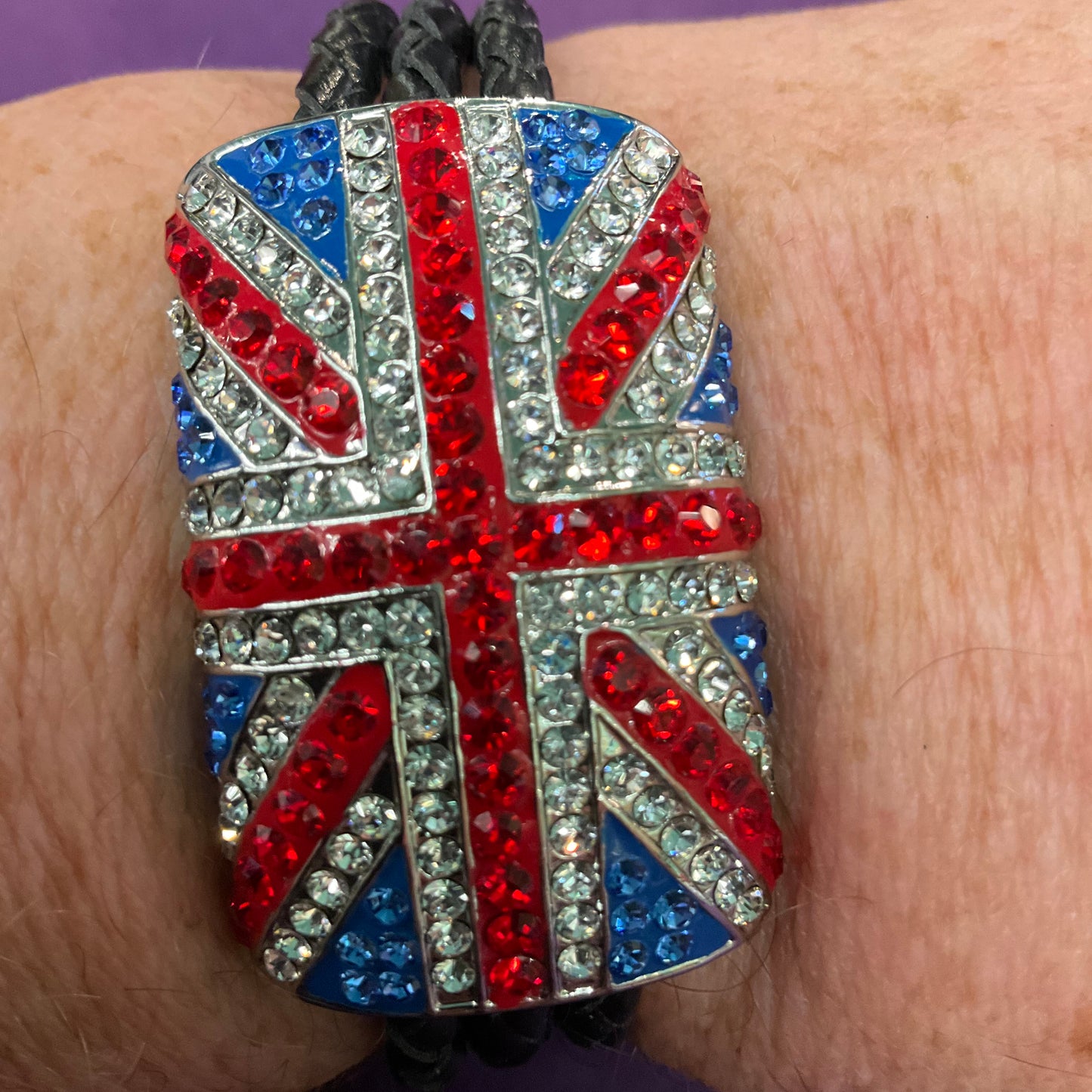 Vintage Butler and Wilson Rhinestome Crystal Union Jack Leather Cord Braided Bracelet, Signed in original box, gifts for them