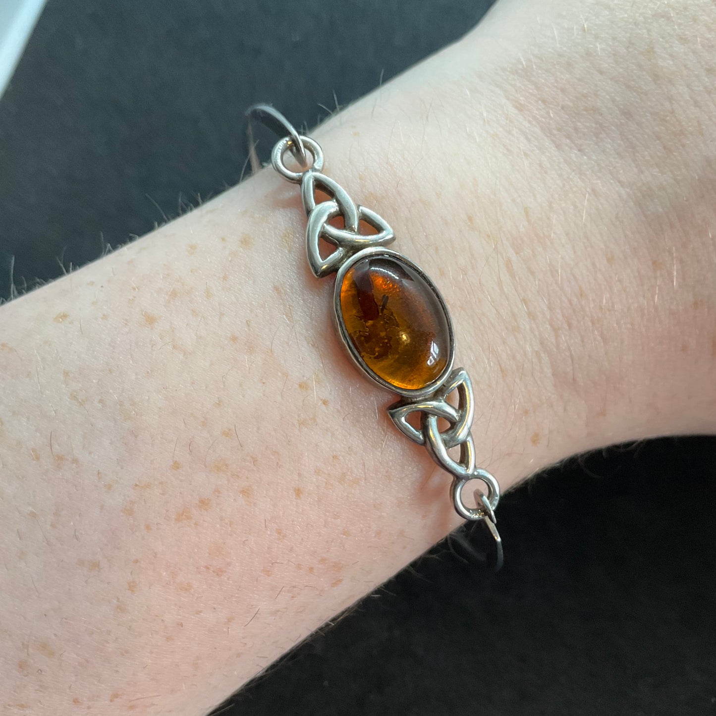 Vintage Amber and 925 silver Celtic style fine bangle/bracelet, triquetta, trinity knot