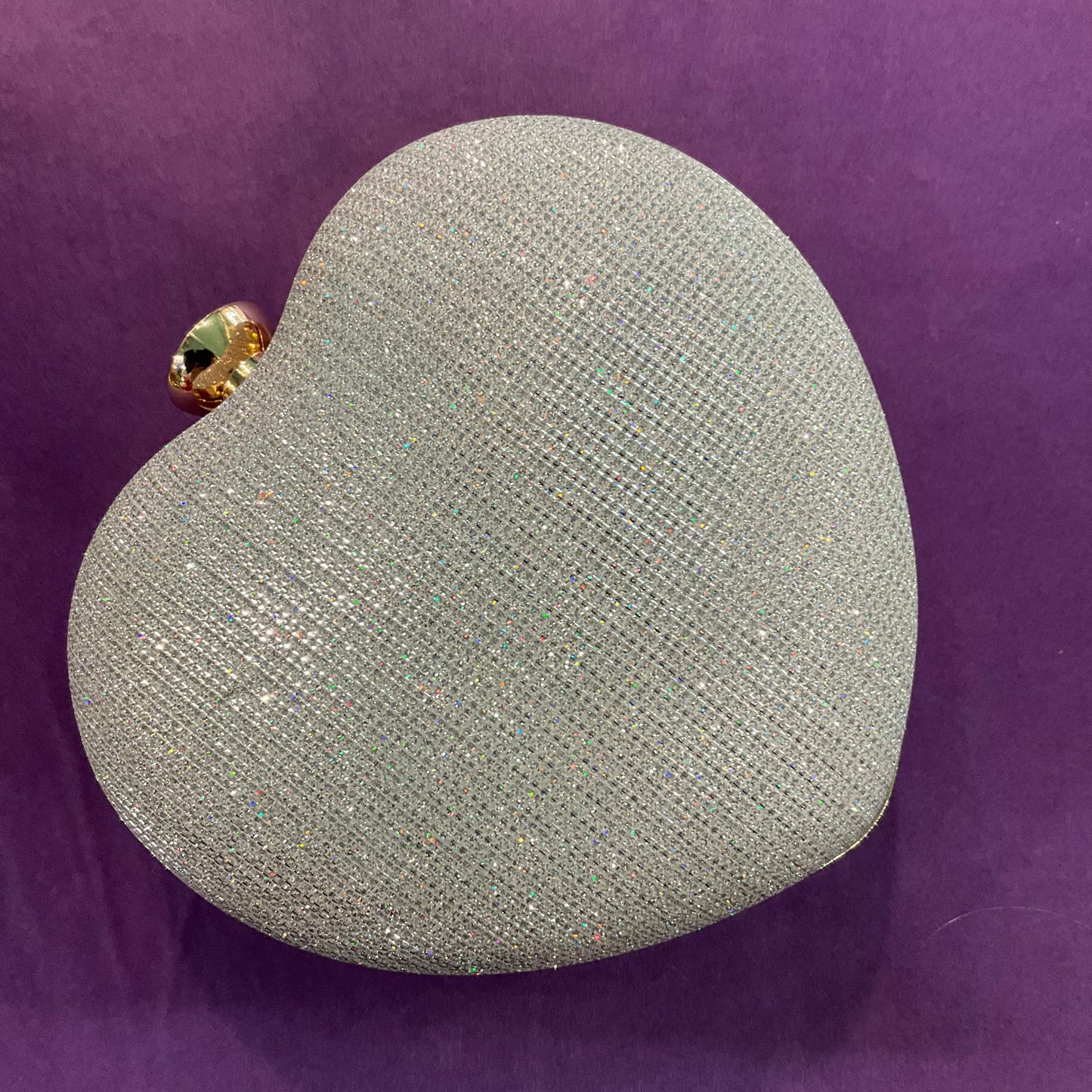 Vintage heart shaped silver/rainbow metallic lurex evening bag, clutch or handbag with large crystal clasp