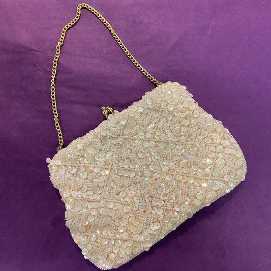 Vintage 1950s/60s Aurora Borealis Ivory beaded bridal bag, sequins and seed beads. Wedding, formal event.