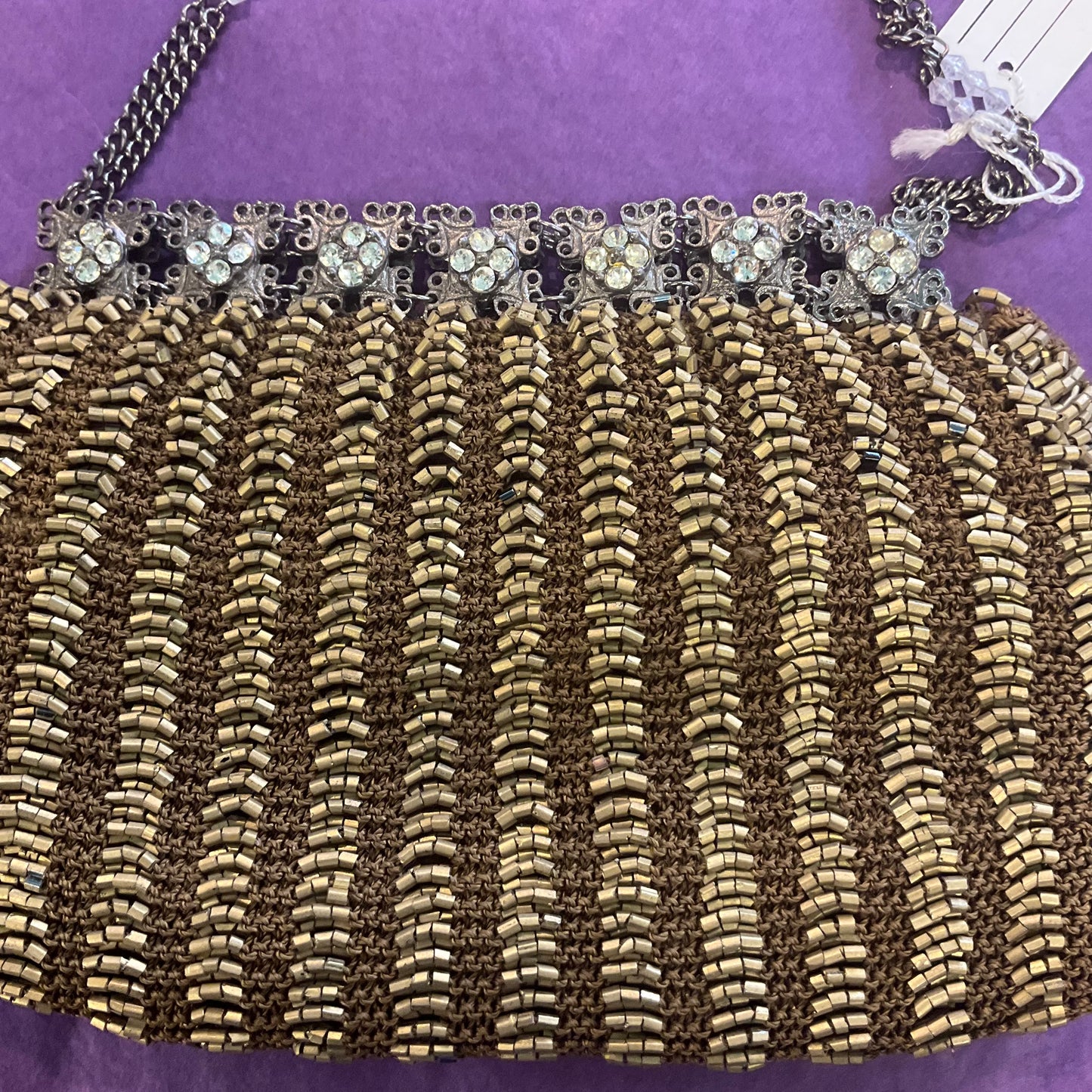 Vintage Gold Tone Beaded Evening Bag by ETNIKA , Rhinestone Crystal Metal Frame, unused with original tags, Wedding, Prom