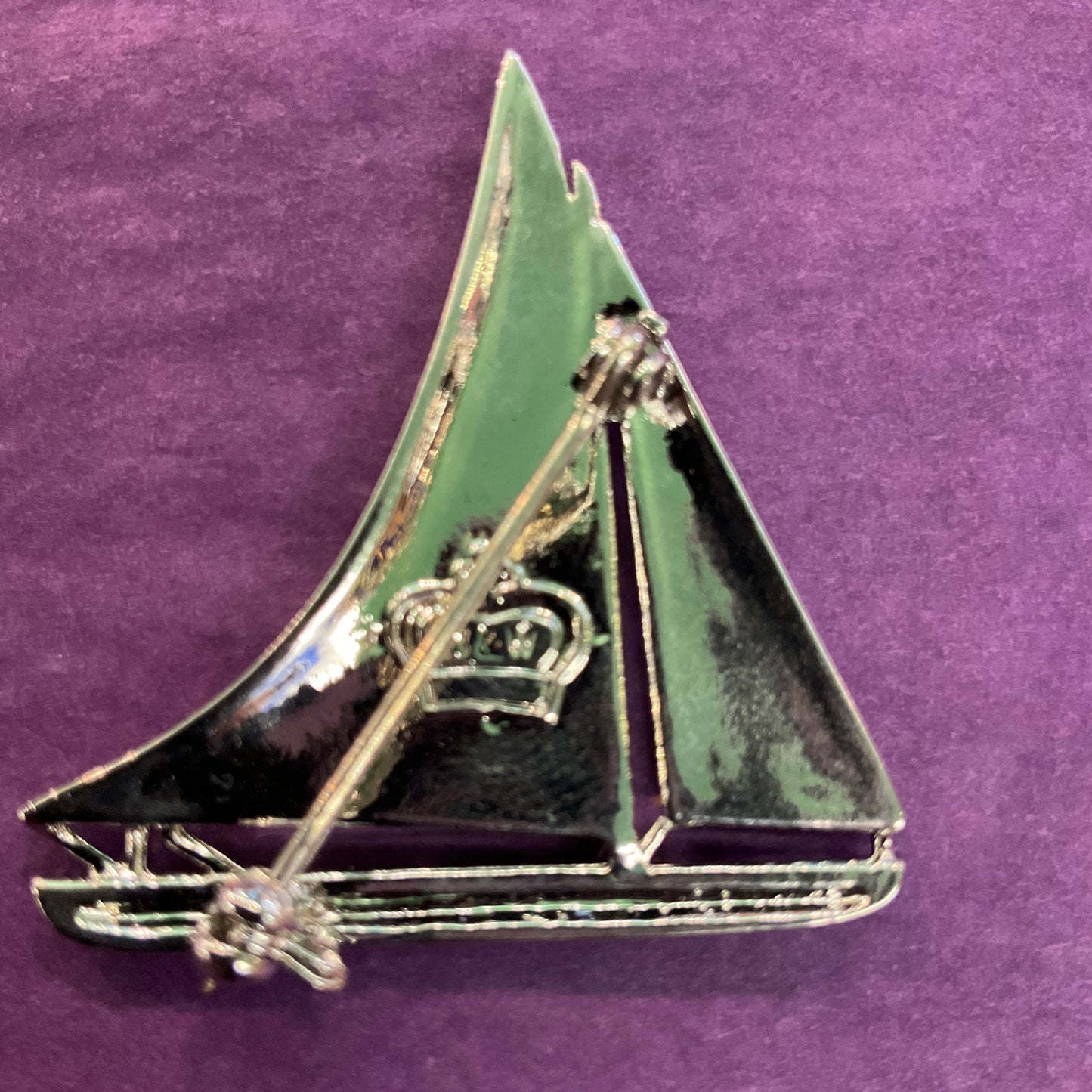 Vintage Butler & Wilson Sailing Boat Brooch AB Crystal Silver Tone