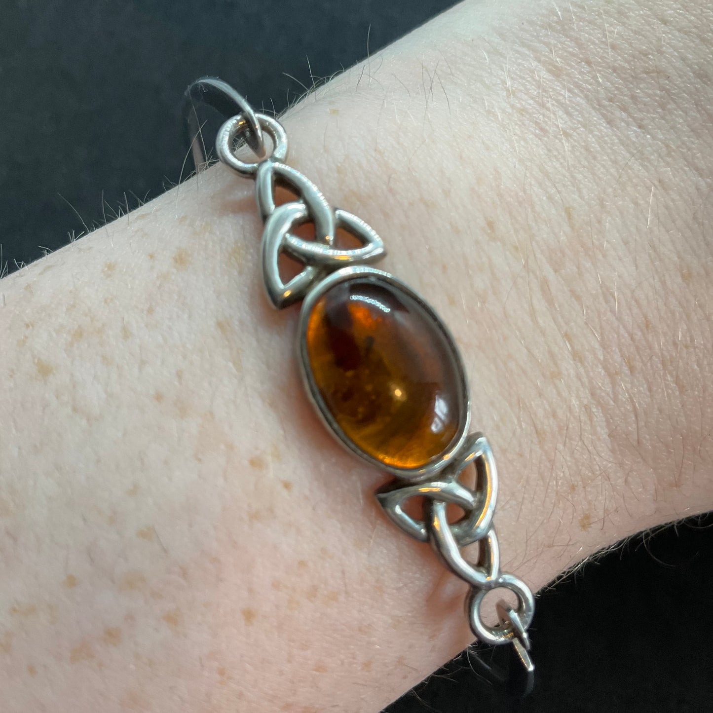 Vintage Amber and 925 silver Celtic style fine bangle/bracelet, triquetta, trinity knot