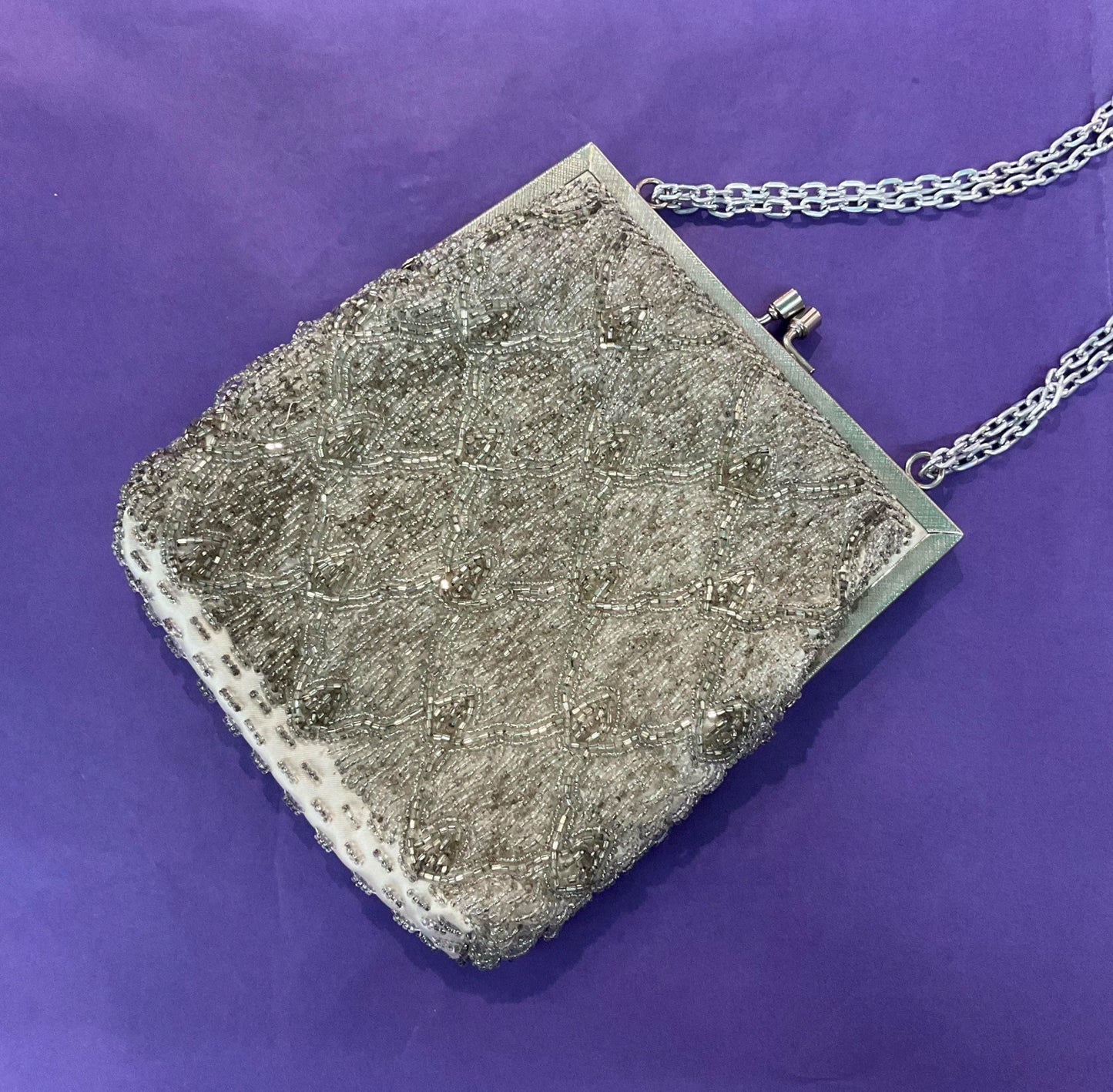 Vintage 1950s/60s silver/grey hand made Beaded evening bag by LE SOIR