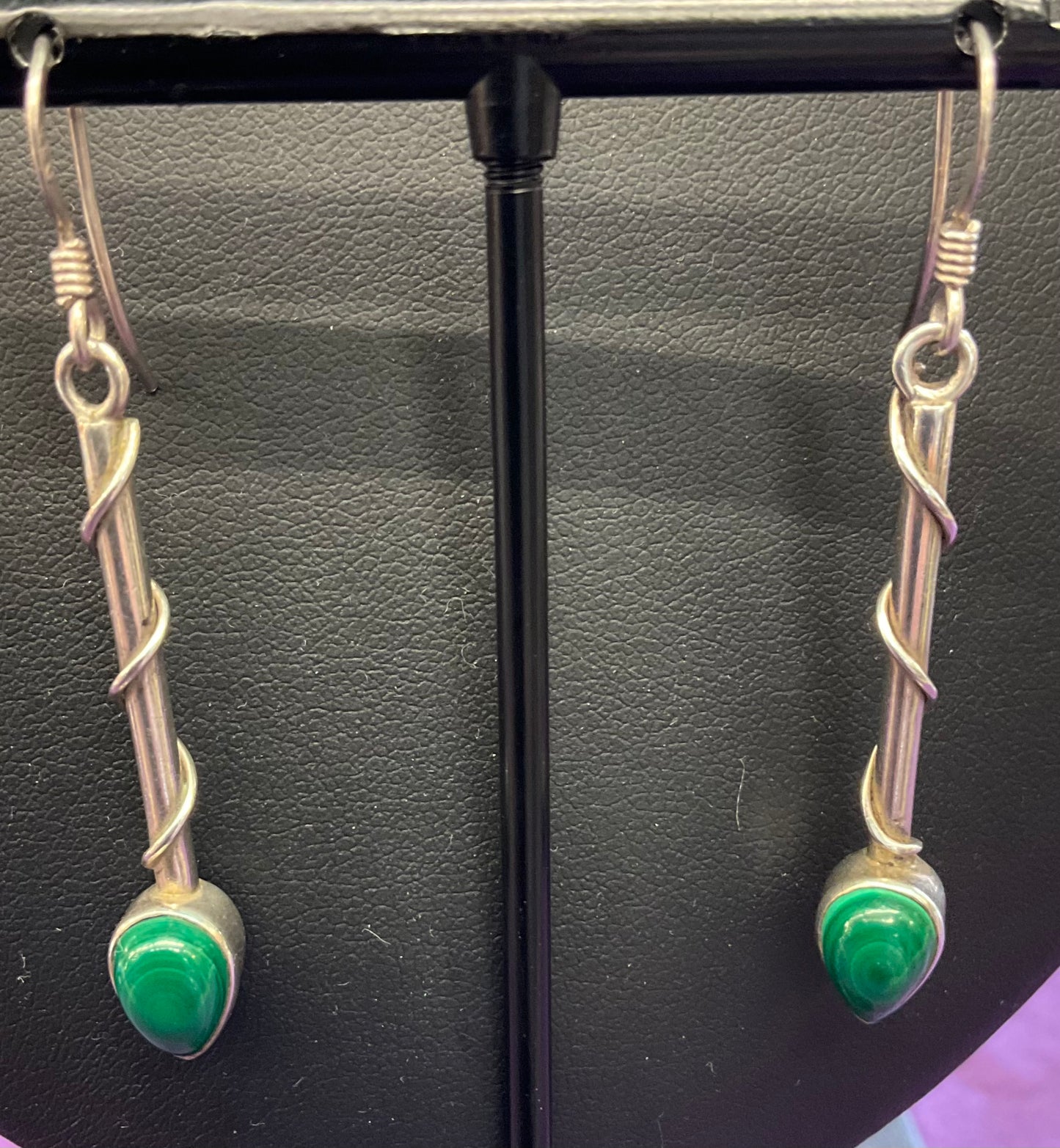 Vintage Art Nouveau Style Silver (925) and Malacite Gemstone Long Drop Earrings , Stone of Transformation, Gifts for Her