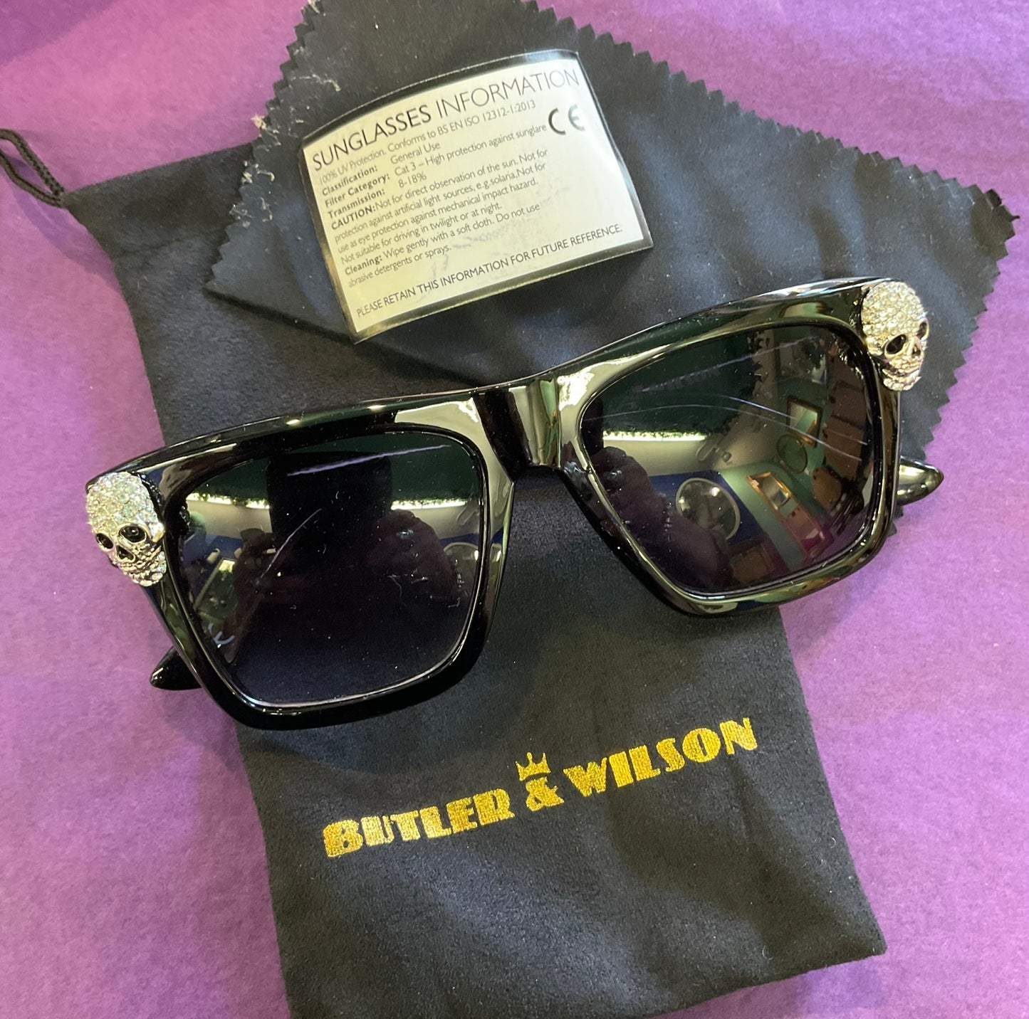 Vintage Butler and Wilson Silver Crystal Skull Oversized Black Sunglasses , Oh Sweet Sunglasses, signed in original box, birthday