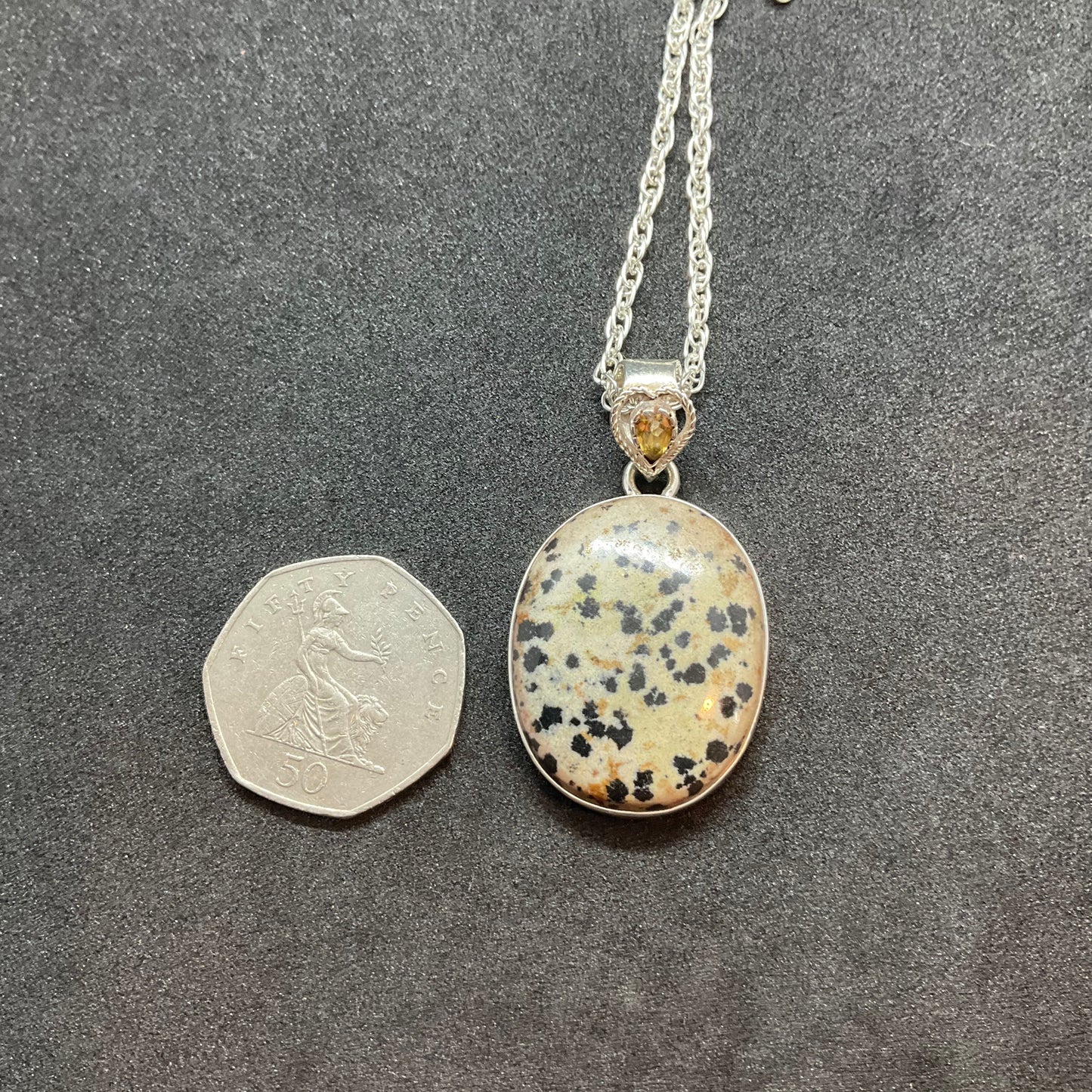 Vintage large Dalmatian Jasper and silver pendant, crystal healing