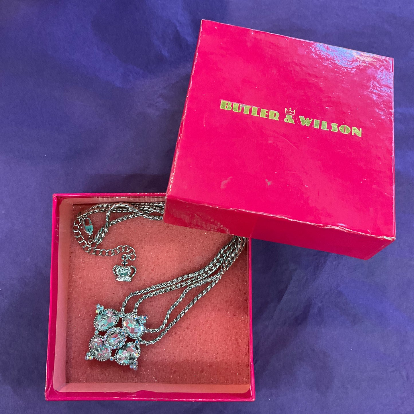 Vintage Butler and Wilson Large silver crystal statement pendant, double metal chain, as new in original box.
