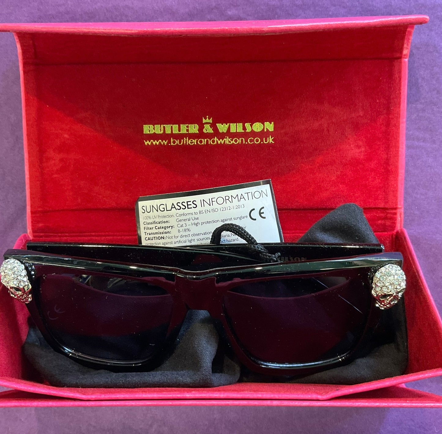 Vintage Butler and Wilson Silver Crystal Skull Oversized Black Sunglasses , Oh Sweet Sunglasses, signed in original box, birthday