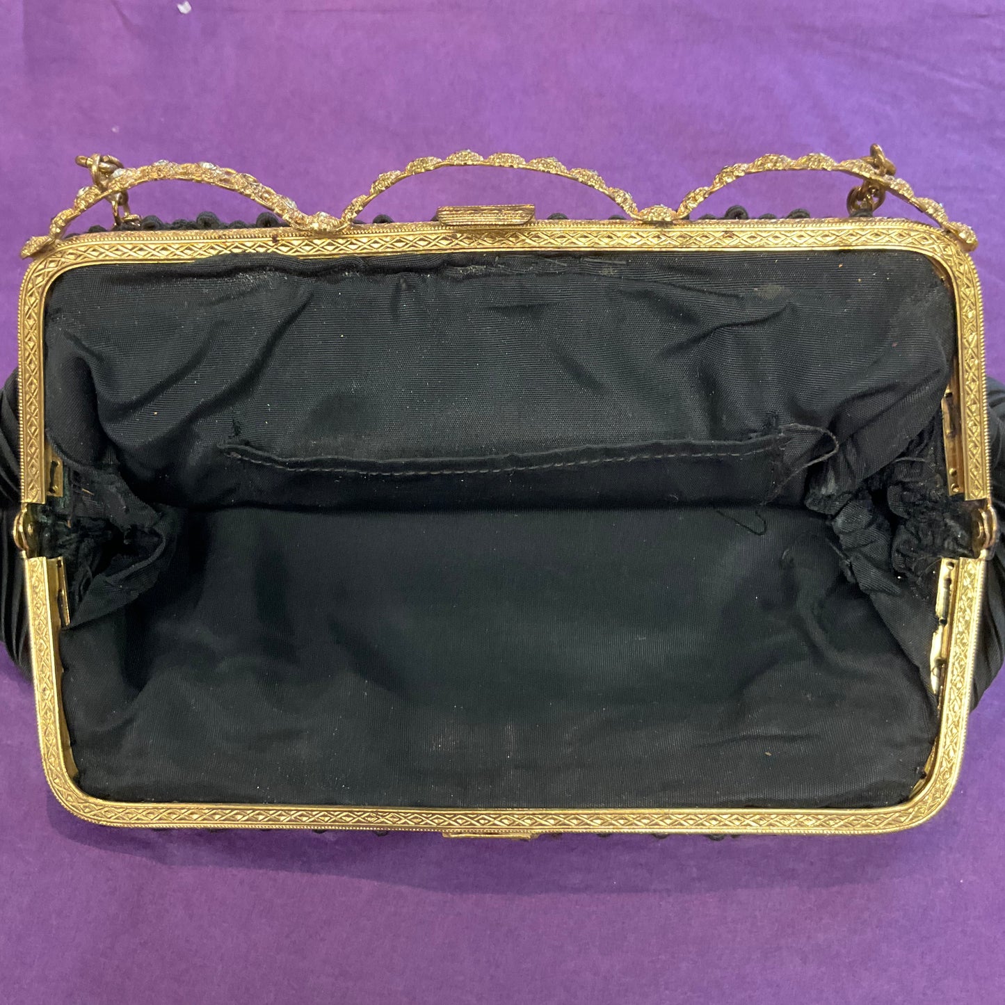 Antique Art Deco Black silk evening bag with ornate rhinestone studded frame