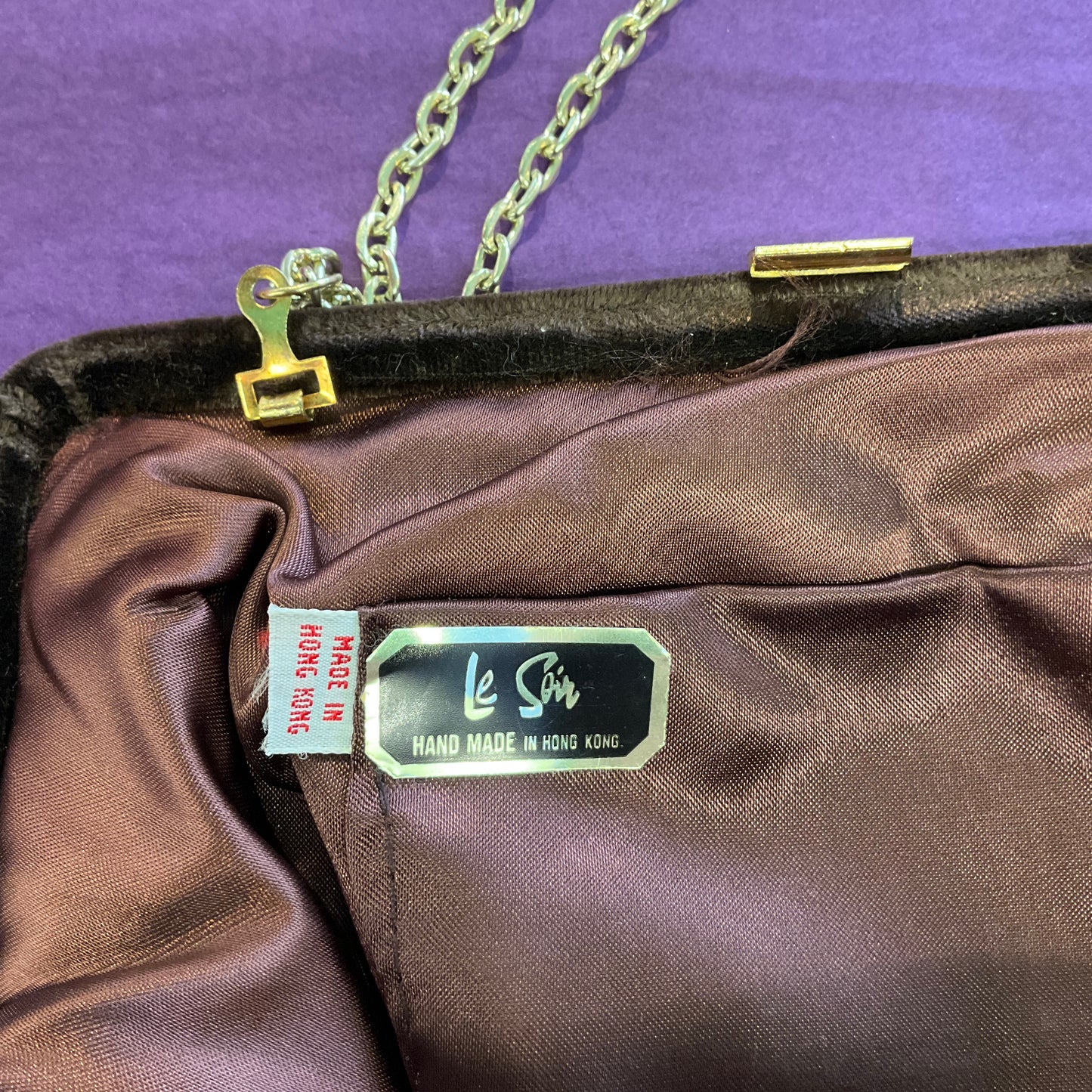 Vintage 1940/50s Le Soir Brown velvet large evening bag, wedding, prom.