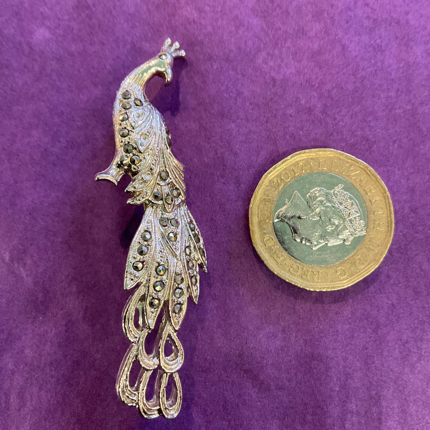 Vintage 1940/50s silver tone and Marcasite Stone Peacock Brooch