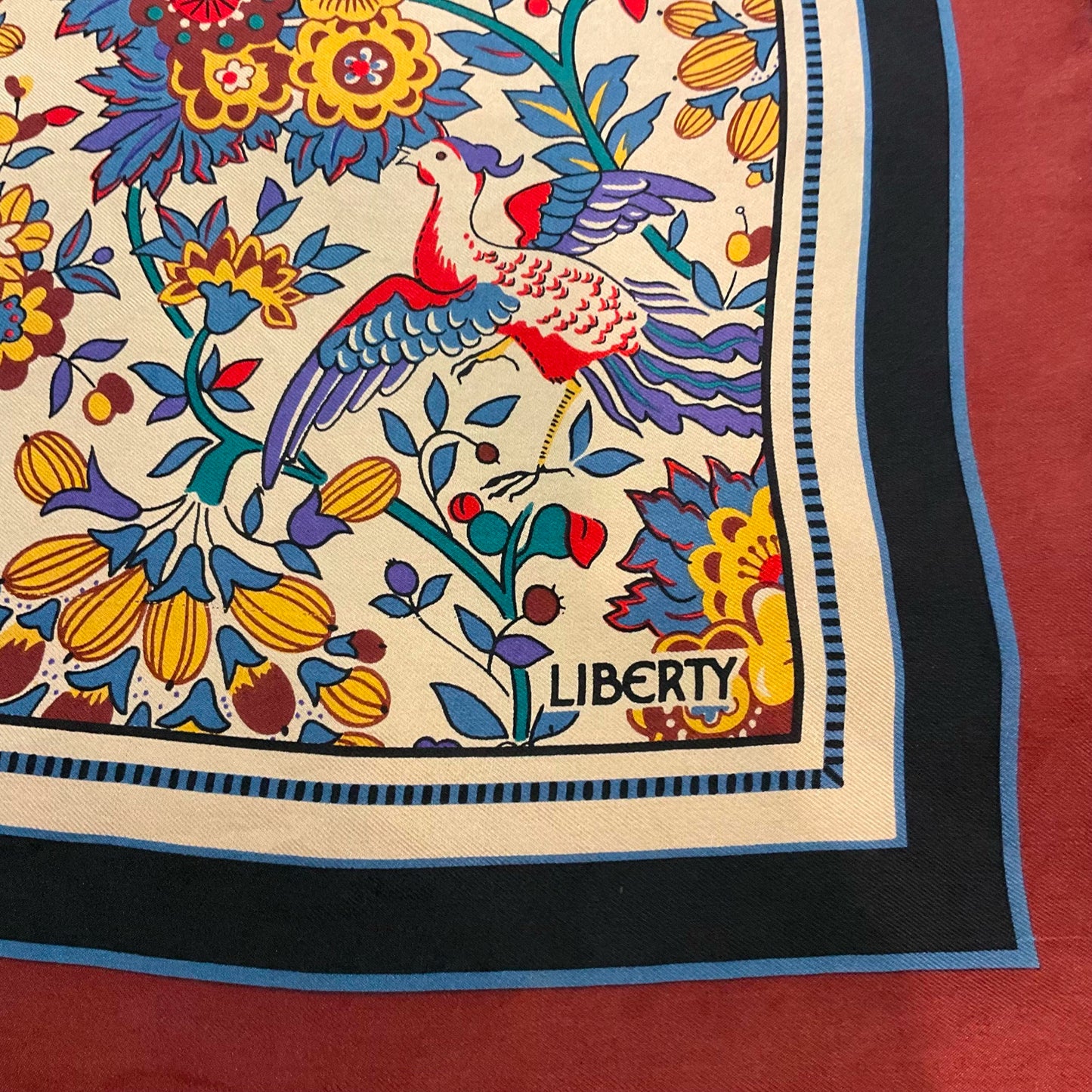 Vintage Liberty 1980s/90s Birds of Paradise pure silk scarf. Gold, rust, red, blue, flowers and birds.