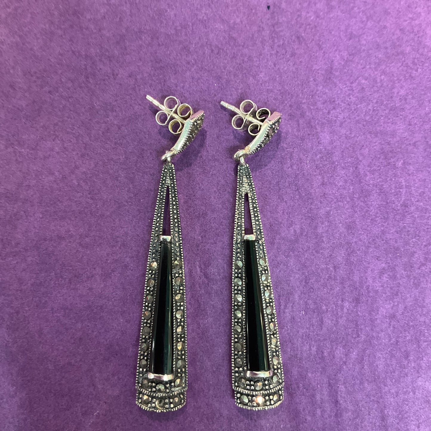 Vintage Art Deco Style Silver Marcasite and Jet Long Drop Earrings